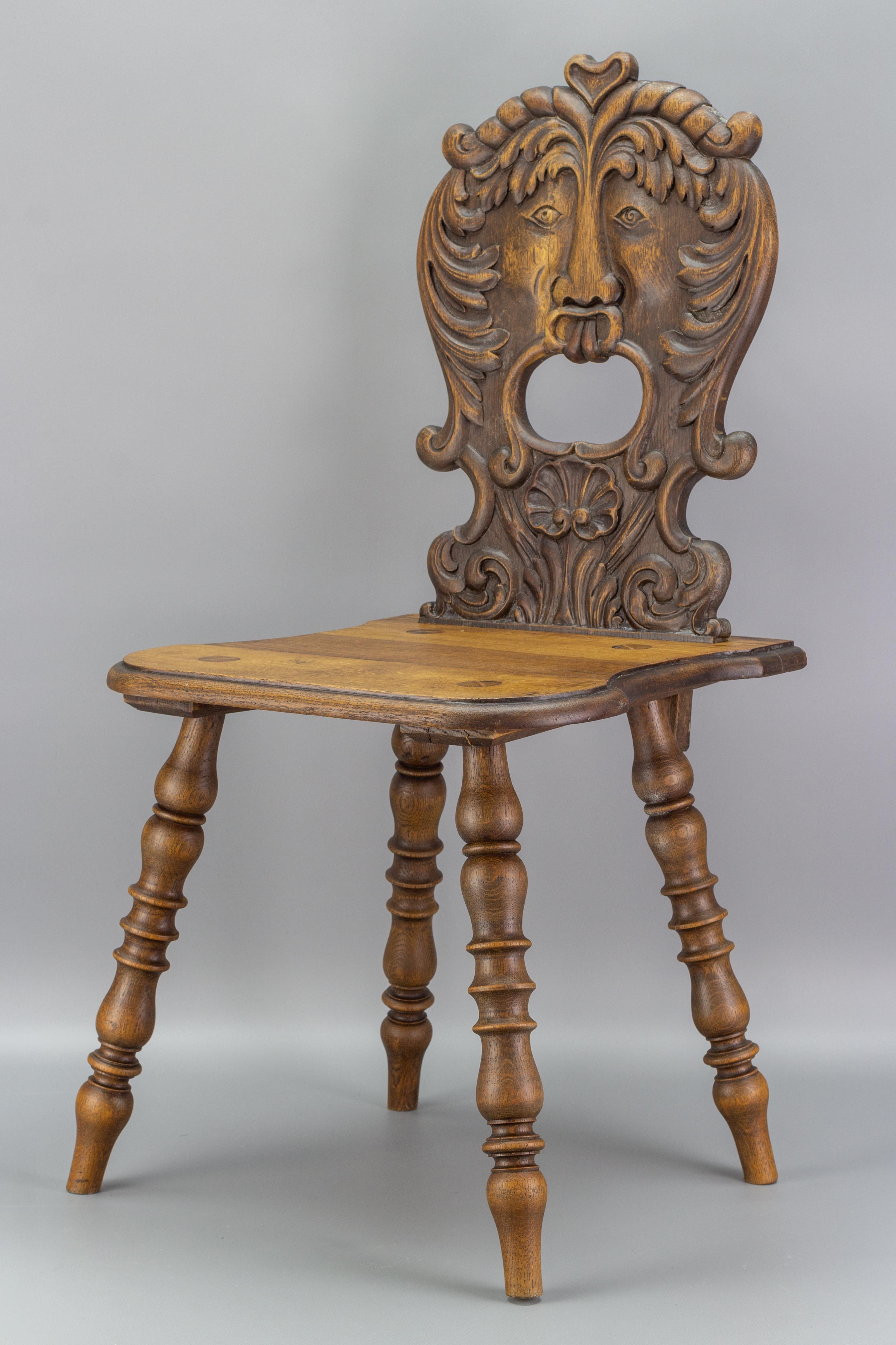 Antique German Carved Oakwood Peasant or Hall Chair, Late 19th Century 3