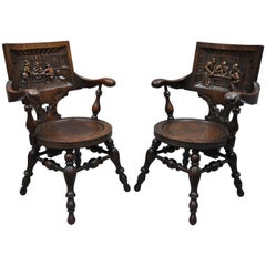 Antique German Carved Tiger Oak Drunken Monks Tavern Pub Armchairs a Pair