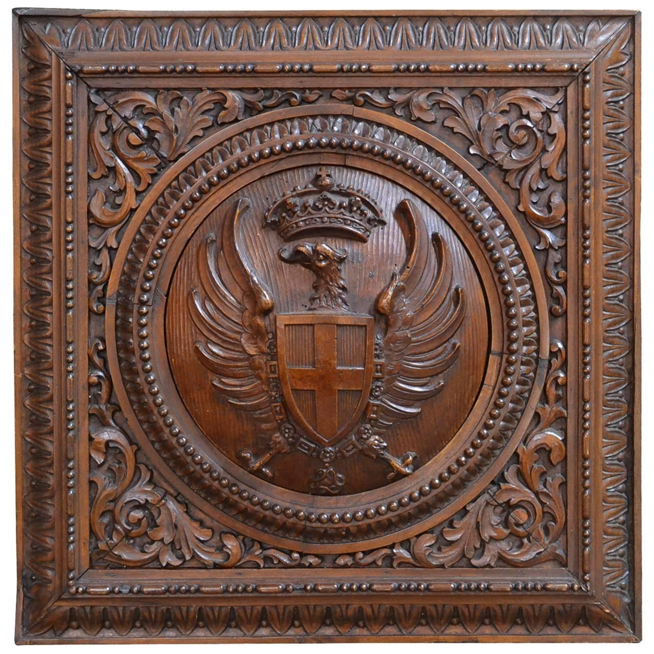Antique German Carved Walnut Eagle Crest Plaque