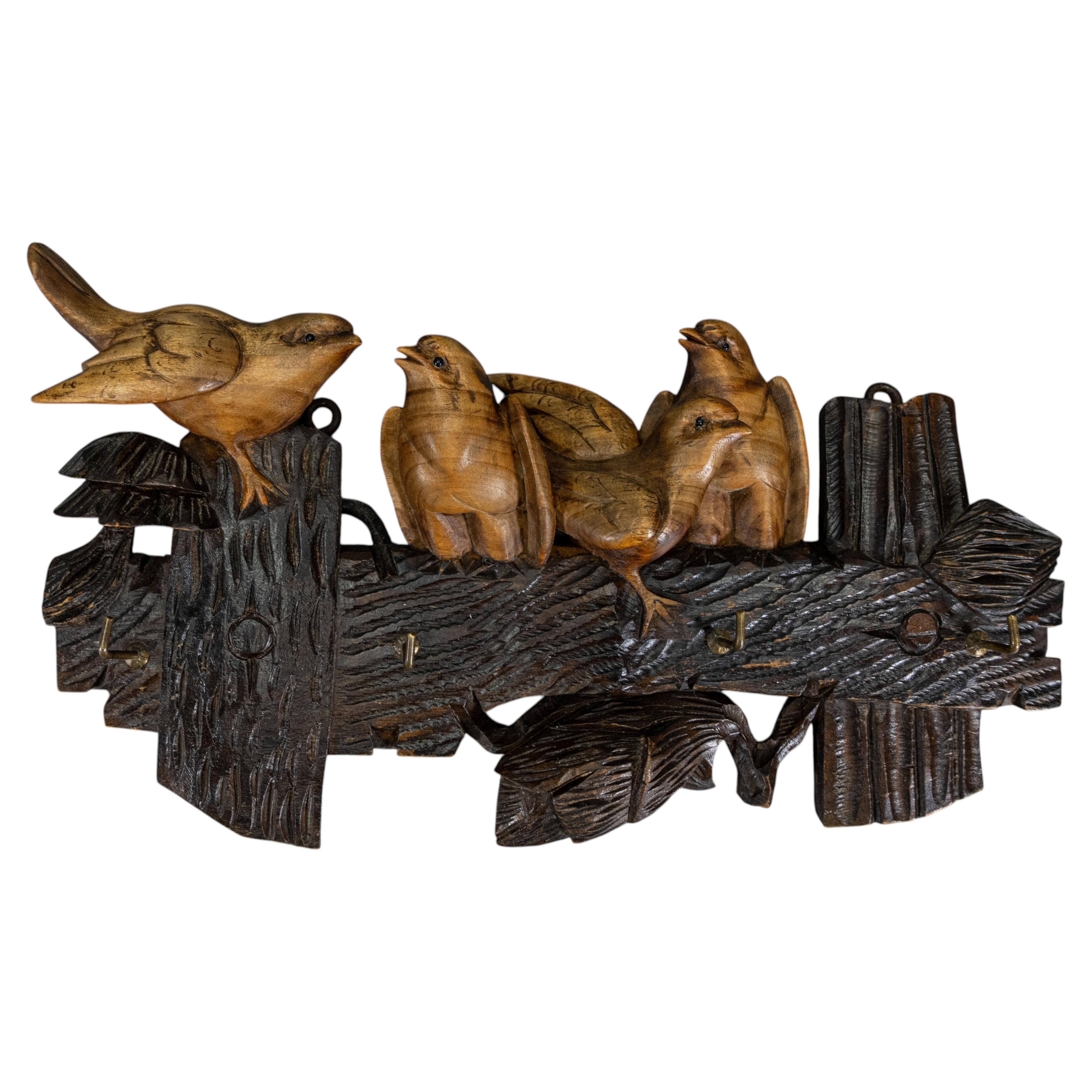 Antique German Carved Wood Bird Key Rack with Four Hooks, 1920