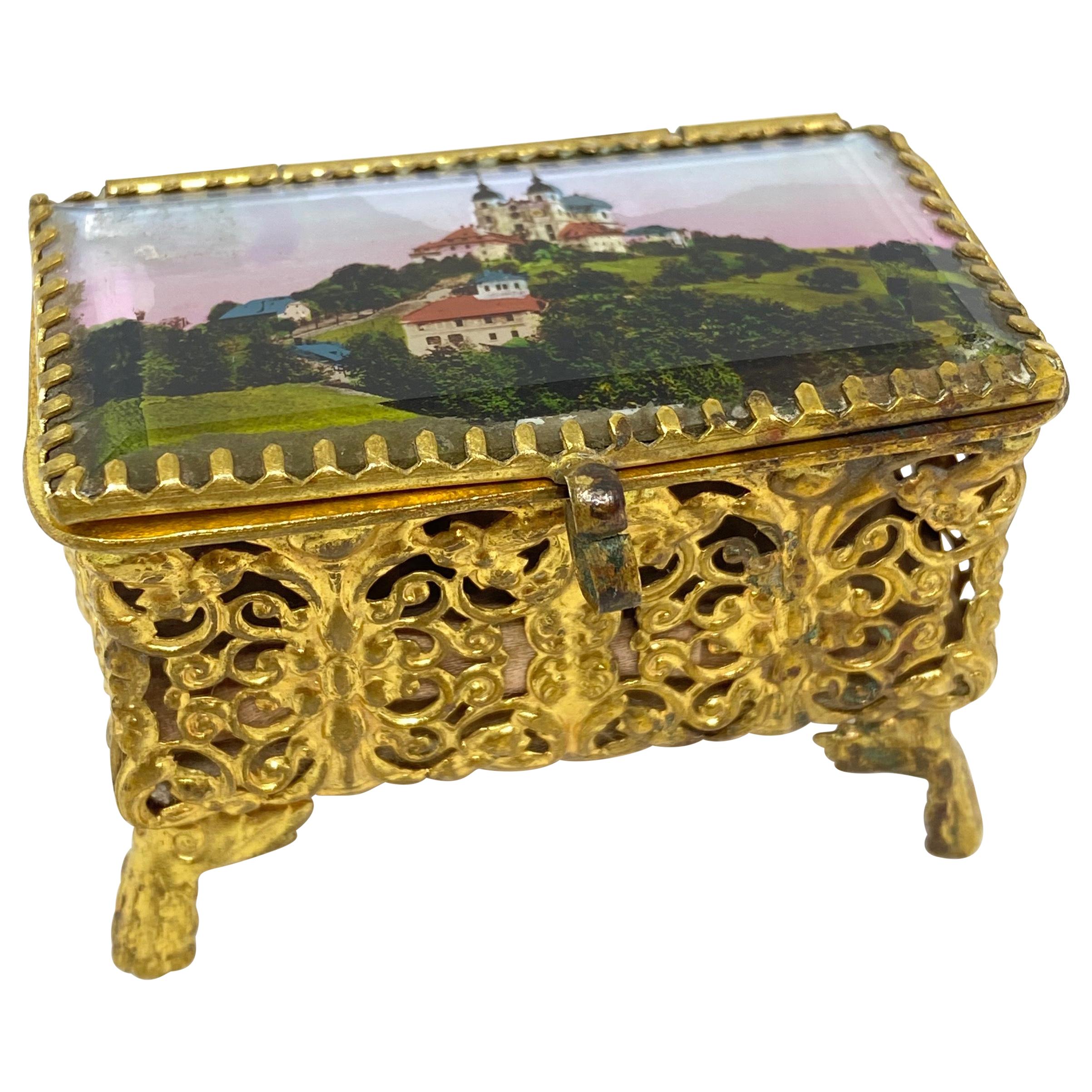 Antique German Casket Trinket Box Ormolu Glass Satin City Souvenir, 1900s