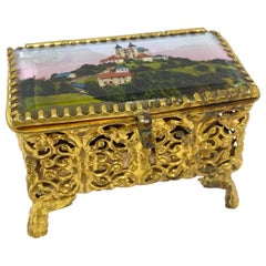 Vintage German Casket Trinket Box Ormolu Glass Satin City Souvenir, 1900s