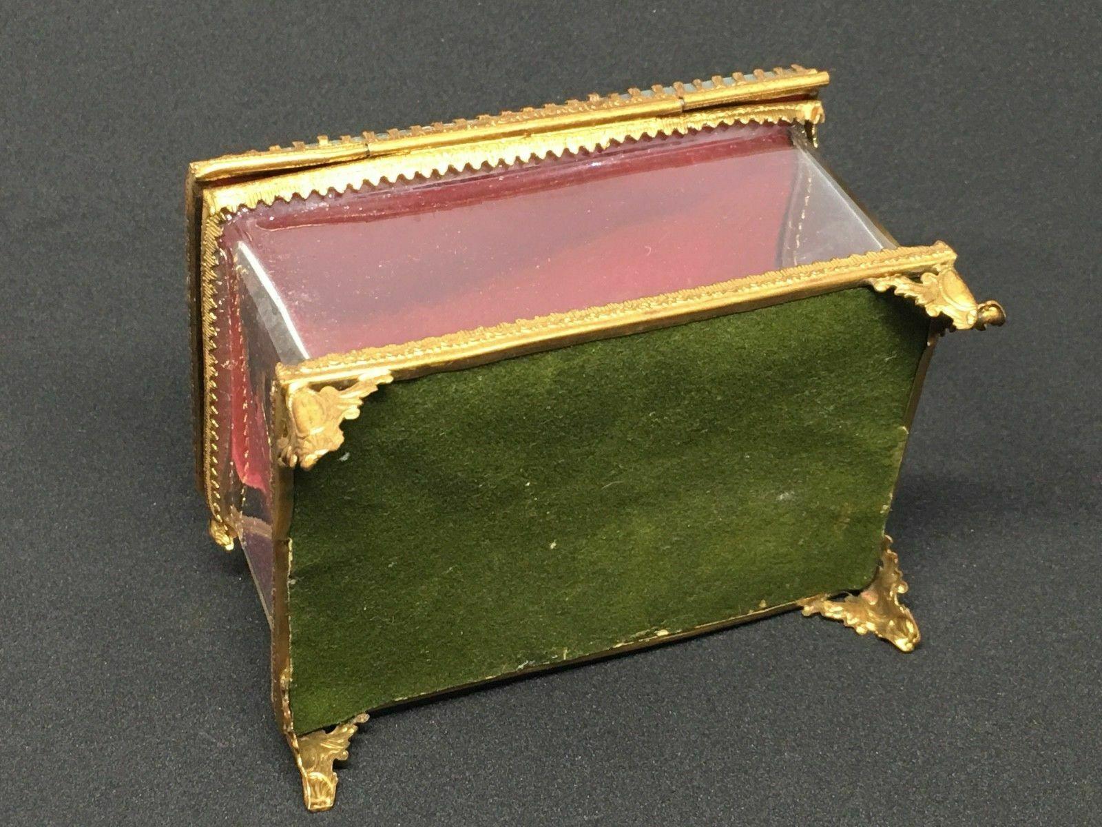 Early 20th Century Antique German Casket Trinket Box Ormolu Glass Satin Nuremberg Souvenir, 1890s For Sale