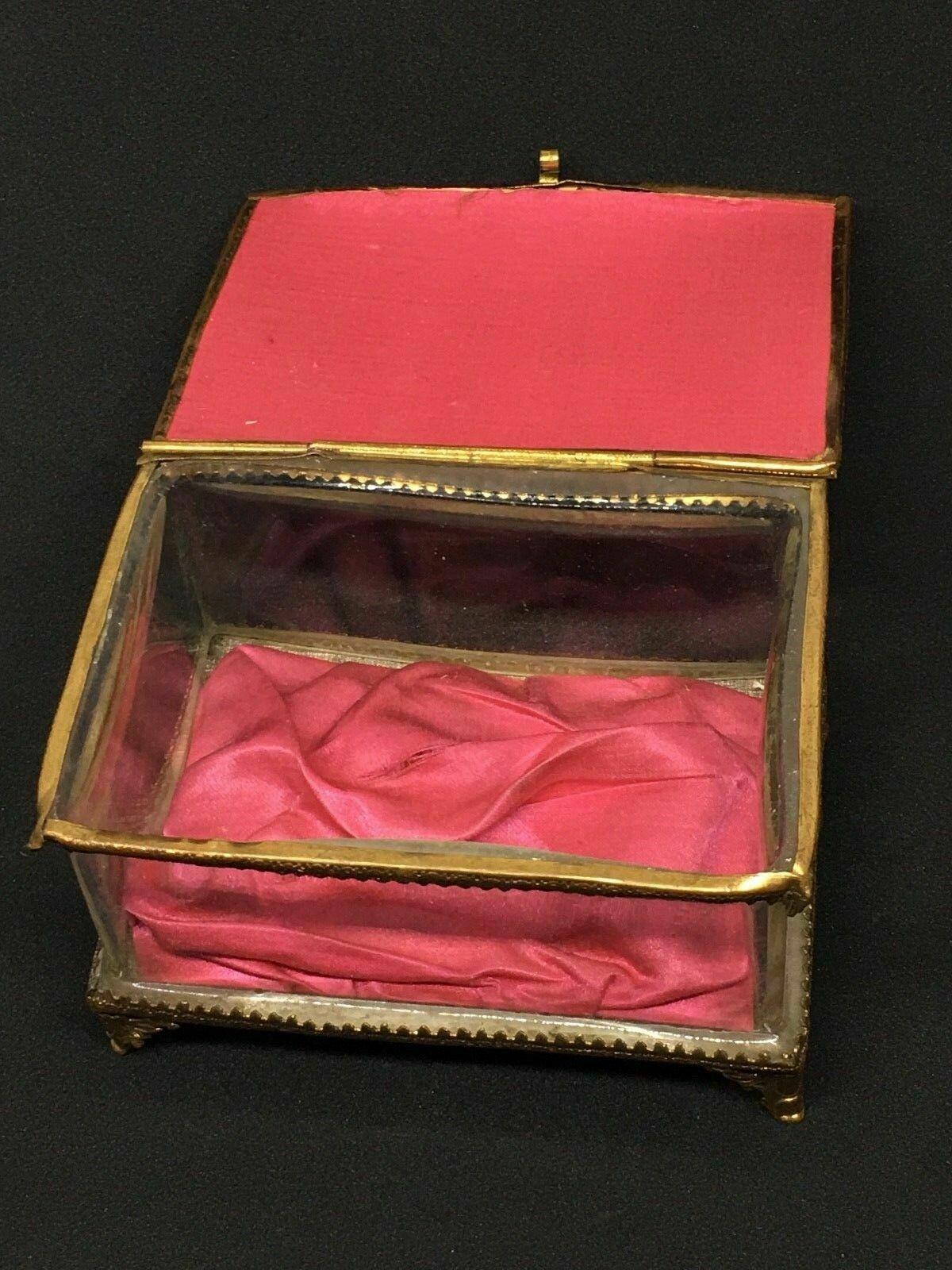 Antique German Casket Trinket Box Ormolu Glass Satin Nuremberg Souvenir, 1890s For Sale 1