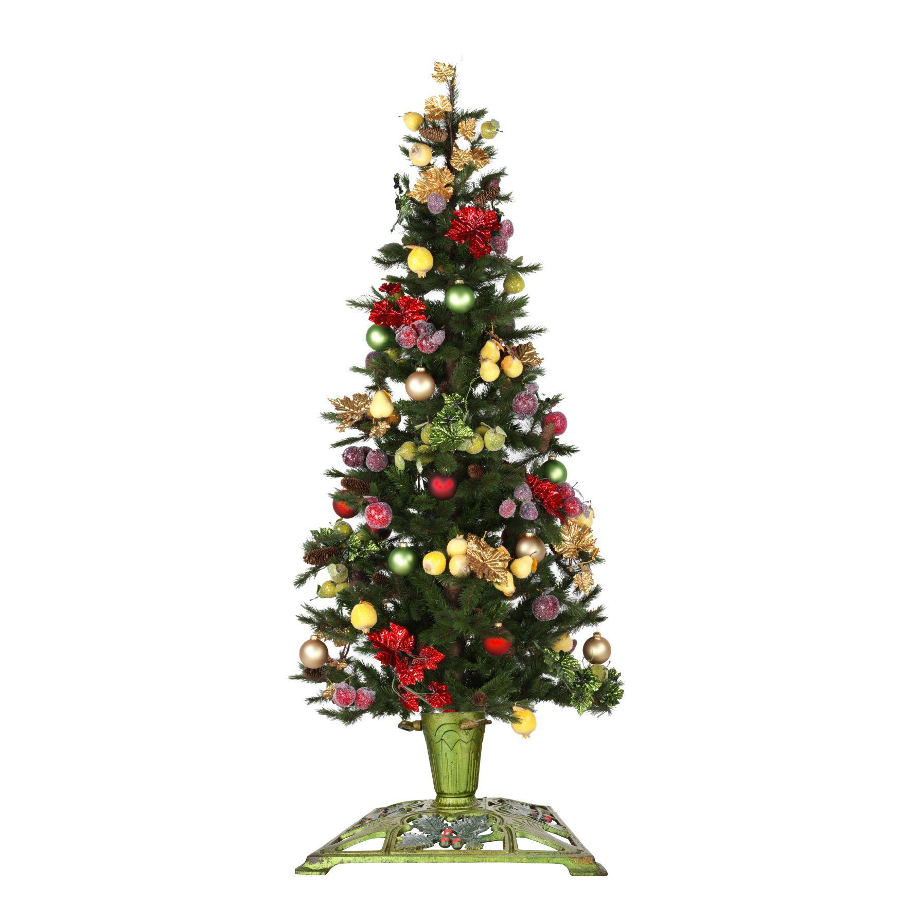 Questo squisito e antico supporto per albero di Natale in ghisa tedesco presenta un affascinante motivo di agrifoglio e bacche, splendidamente dipinto a mano in verde e rosso con accenti dorati. Il design ornato presenta una base quadrata con