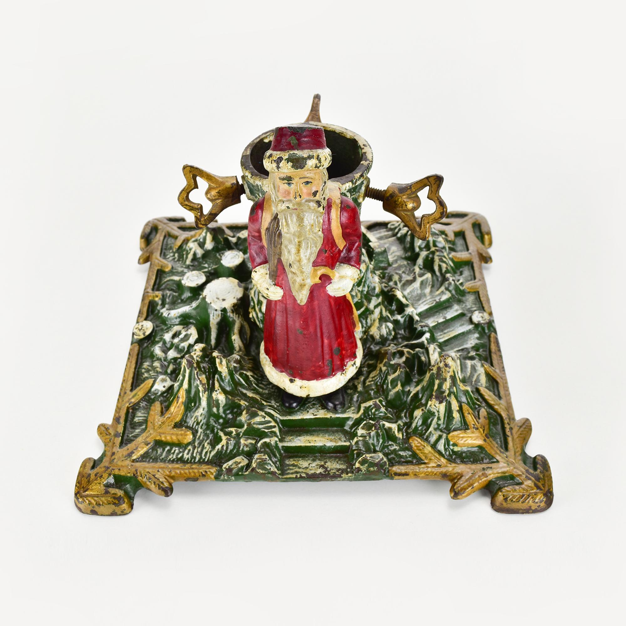 Art Nouveau Antique German Cast Iron Christmas Tree Stand with Santa Claus, Hand-Painted