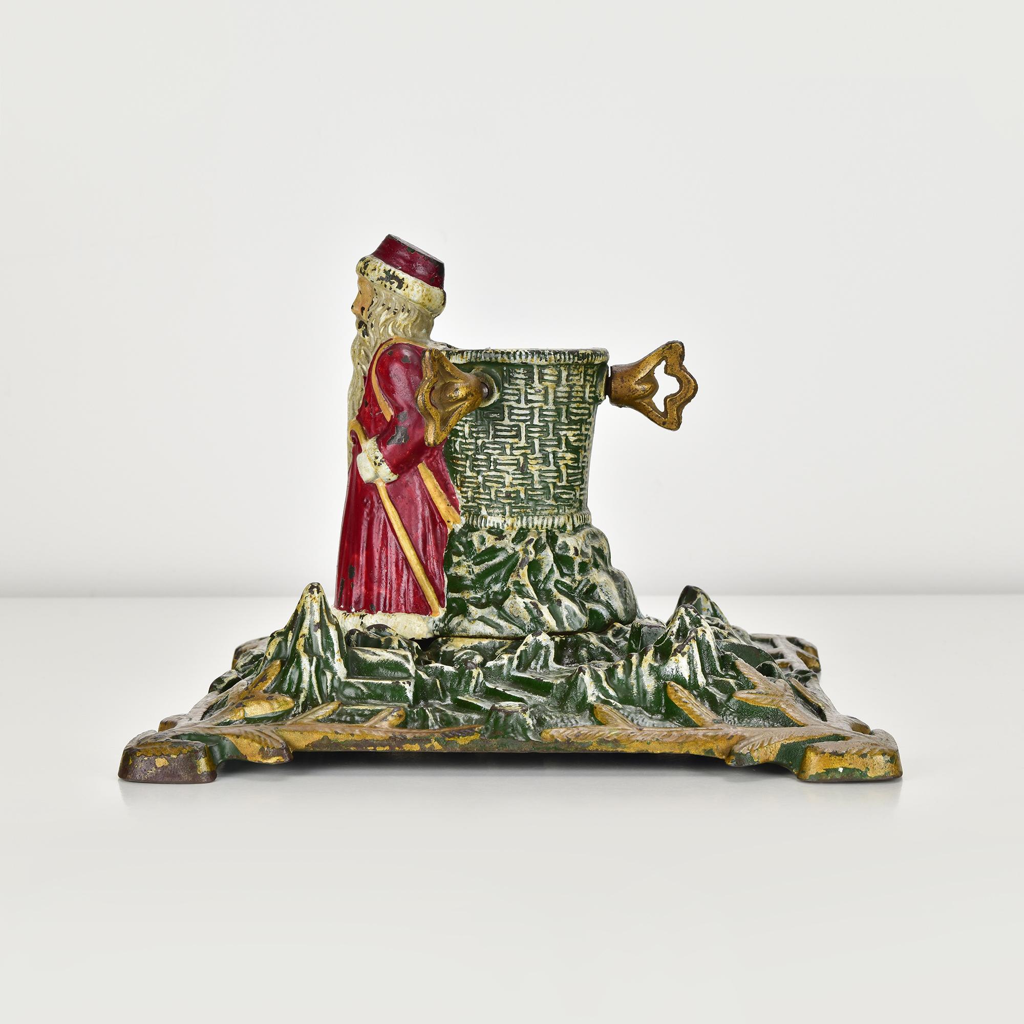 Hand-Crafted Antique German Cast Iron Christmas Tree Stand with Santa Claus, Hand-Painted