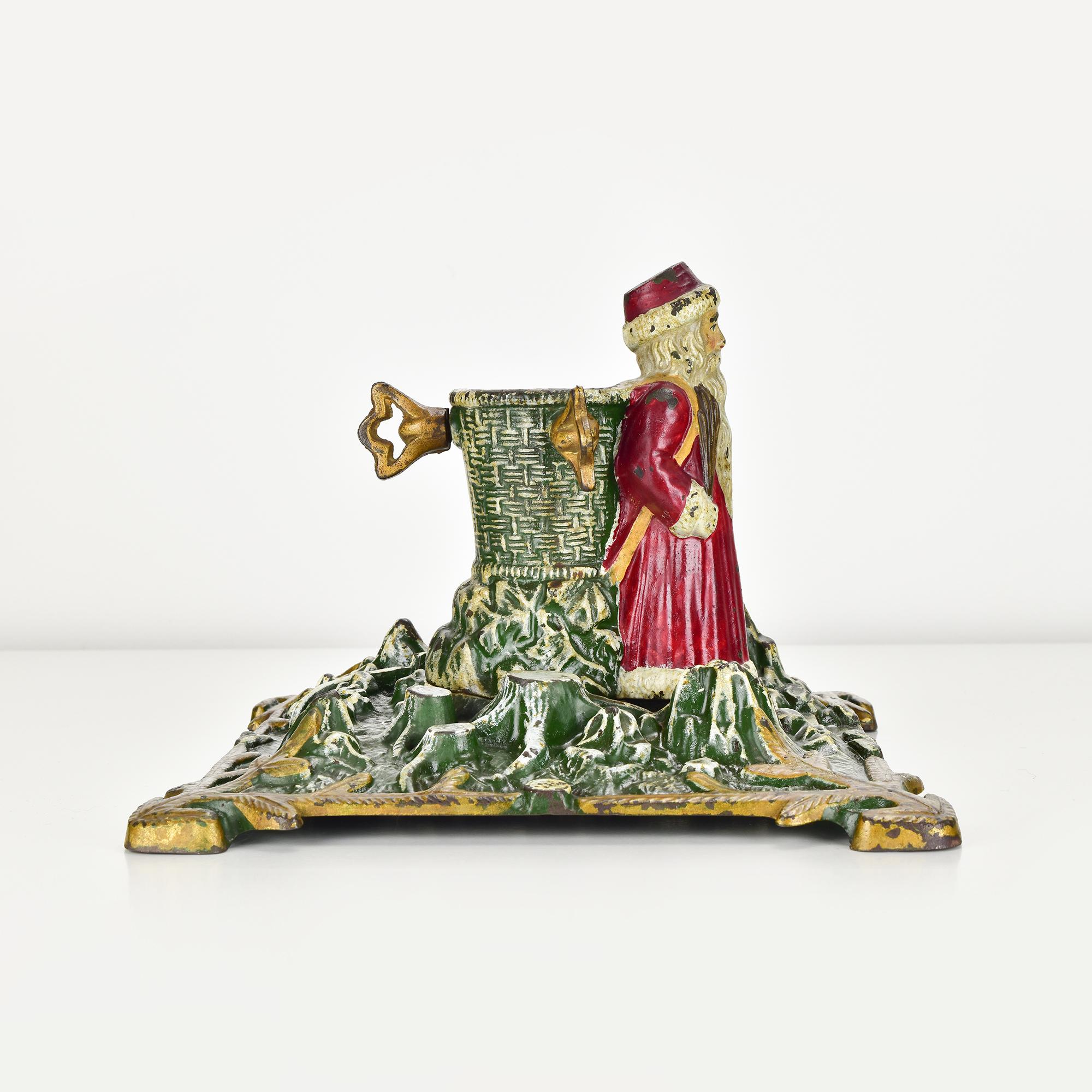 Early 20th Century Antique German Cast Iron Christmas Tree Stand with Santa Claus, Hand-Painted