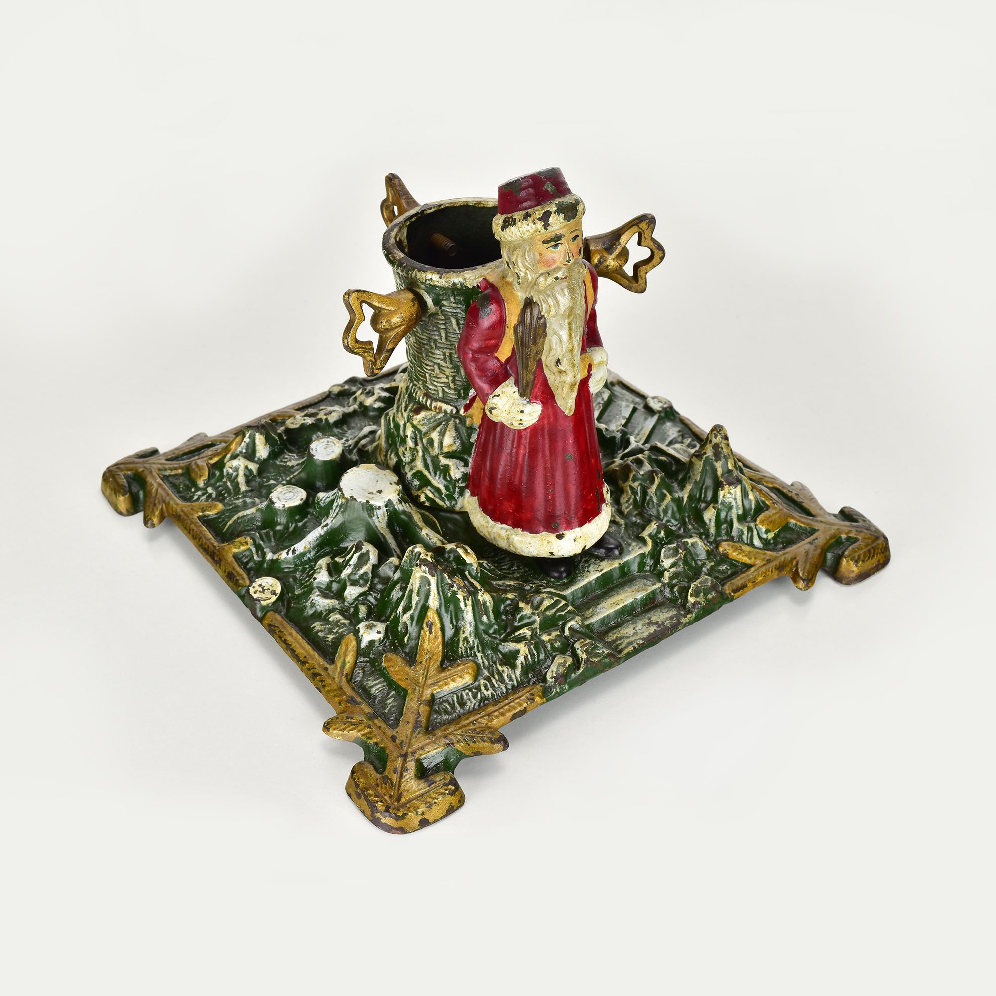 Antique German Cast Iron Christmas Tree Stand with Santa Claus, Hand-Painted 1