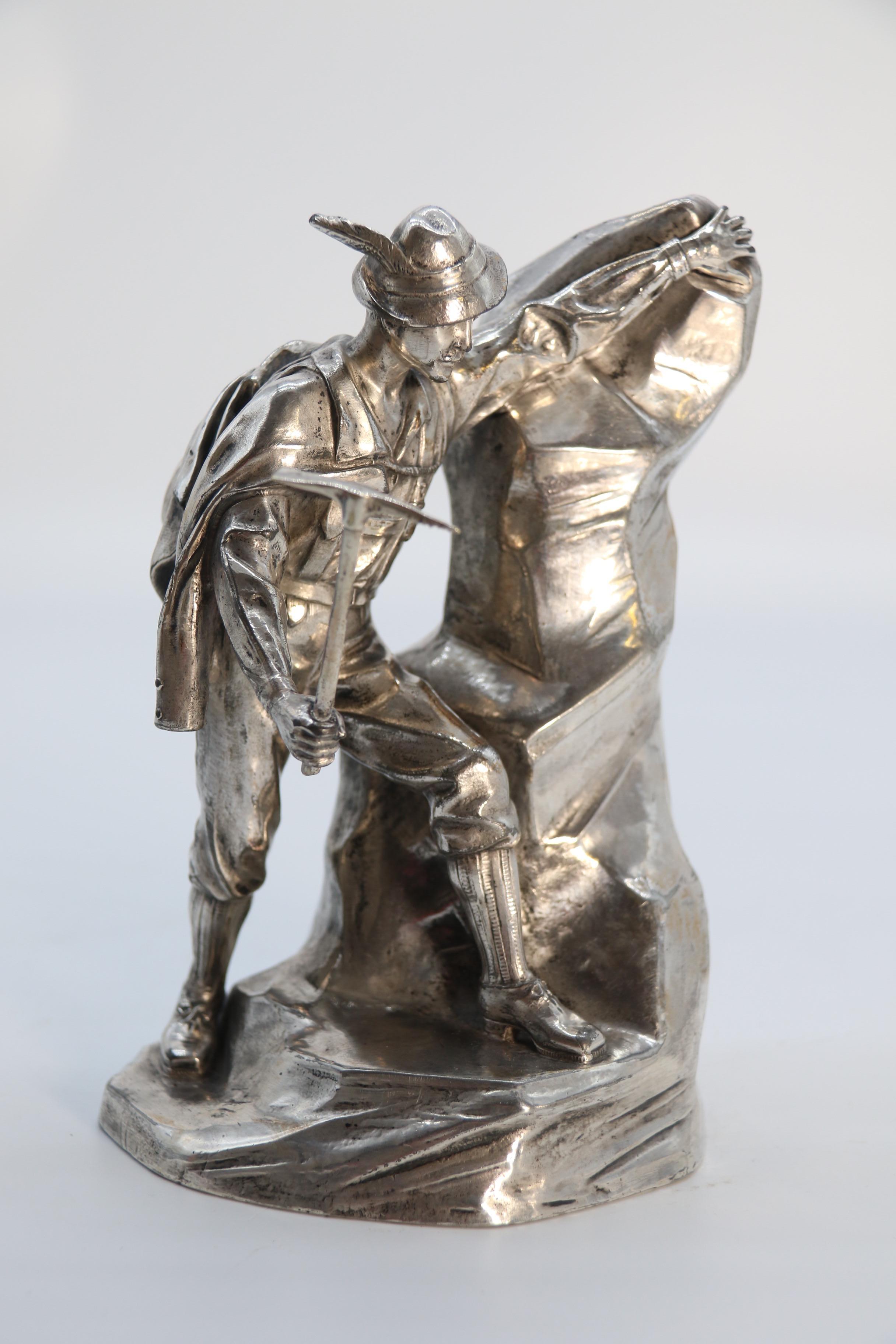 Antique German cast metal and silver plated sculpture of a mountaineer C 1910 5