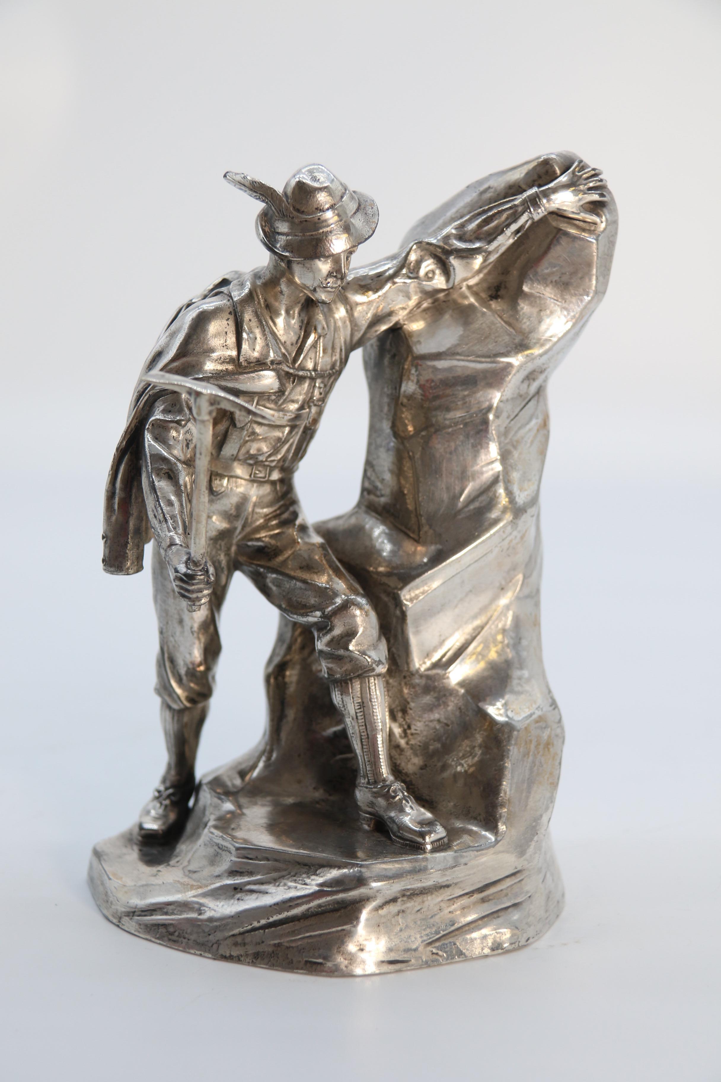 Antique German cast metal and silver plated sculpture of a mountaineer C 1910 6