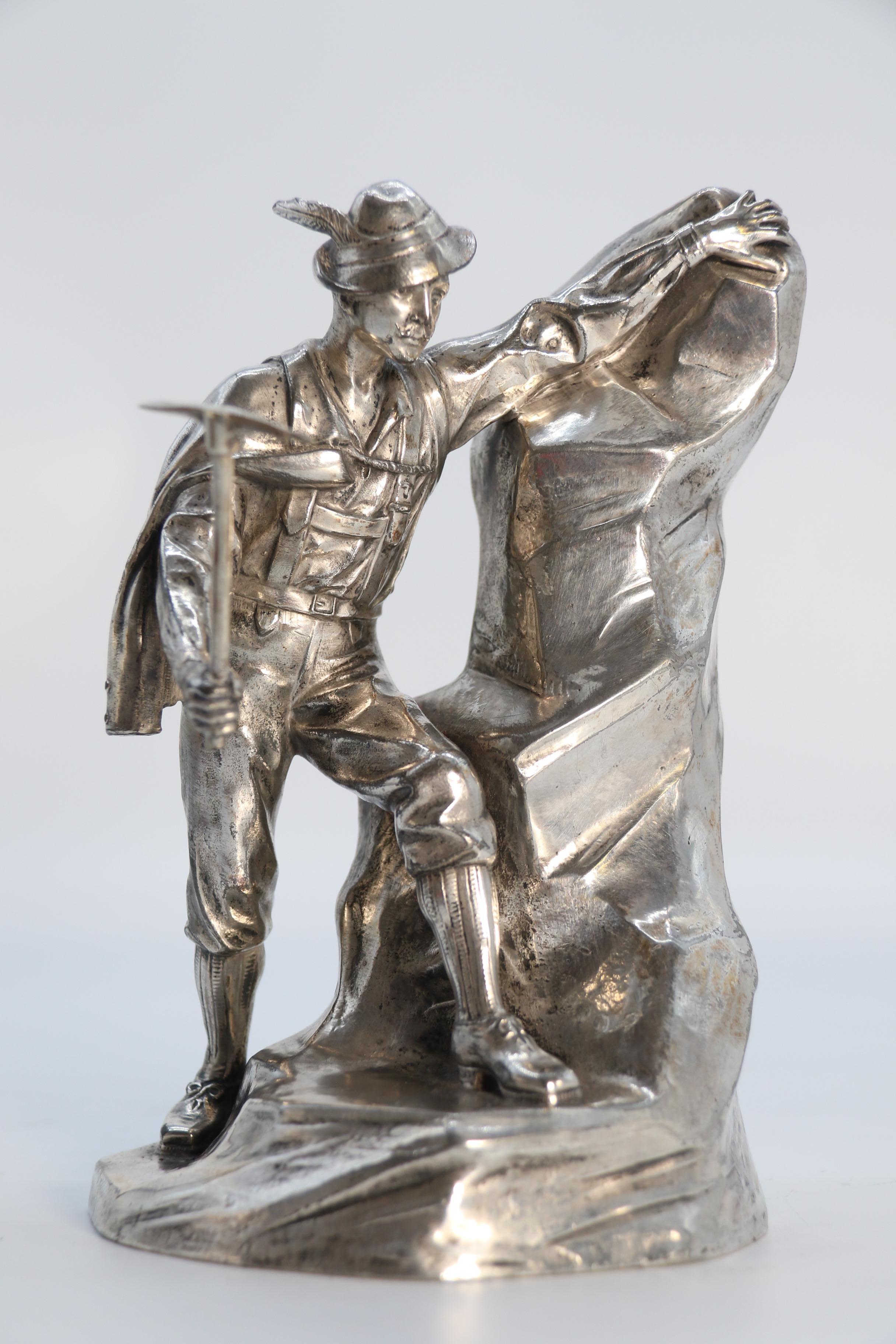 Antique German cast metal and silver plated sculpture of a mountaineer C 1910 7