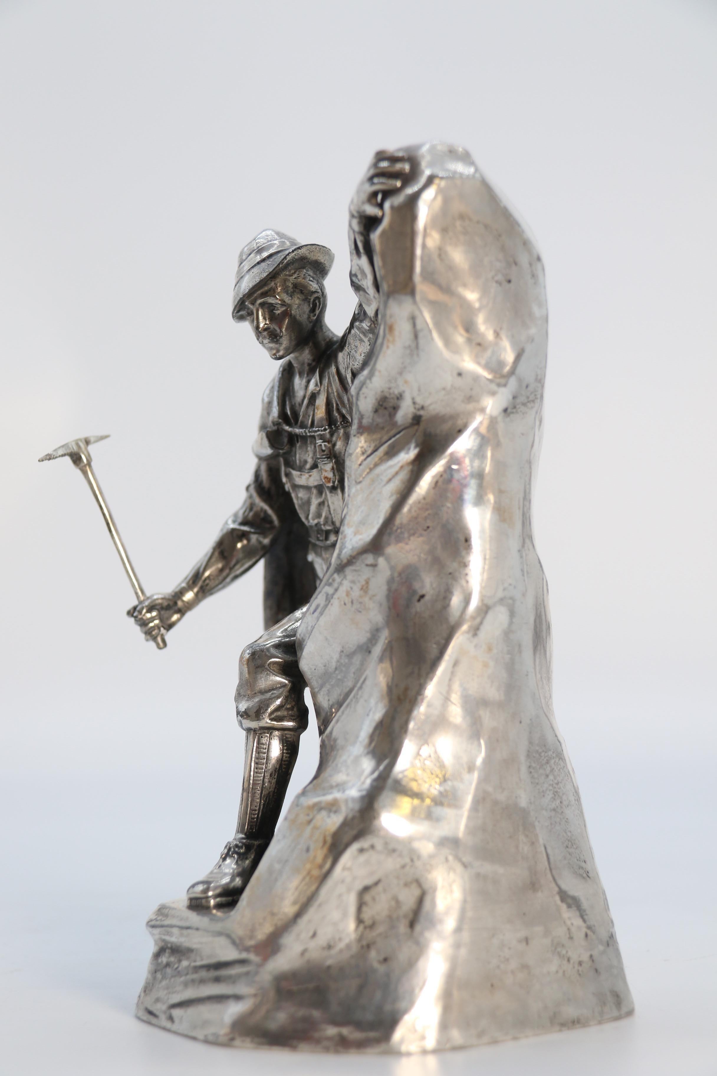 Antique German cast metal and silver plated sculpture of a mountaineer C 1910 8