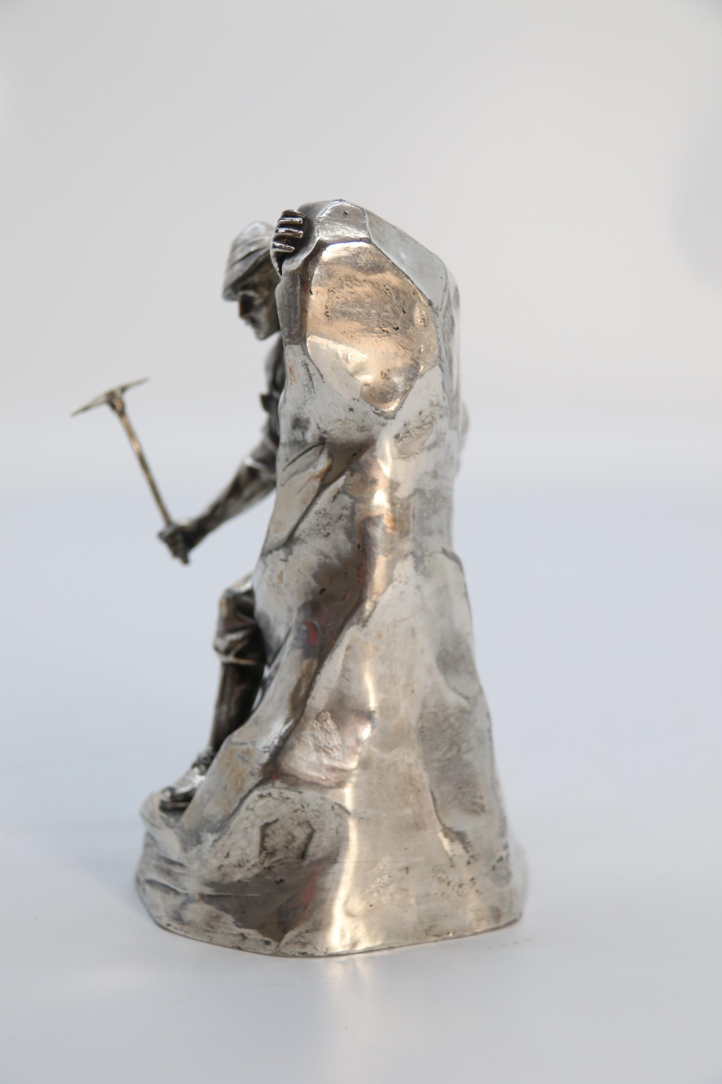 Antique German cast metal and silver plated sculpture of a mountaineer C 1910 In Good Condition In Central England, GB