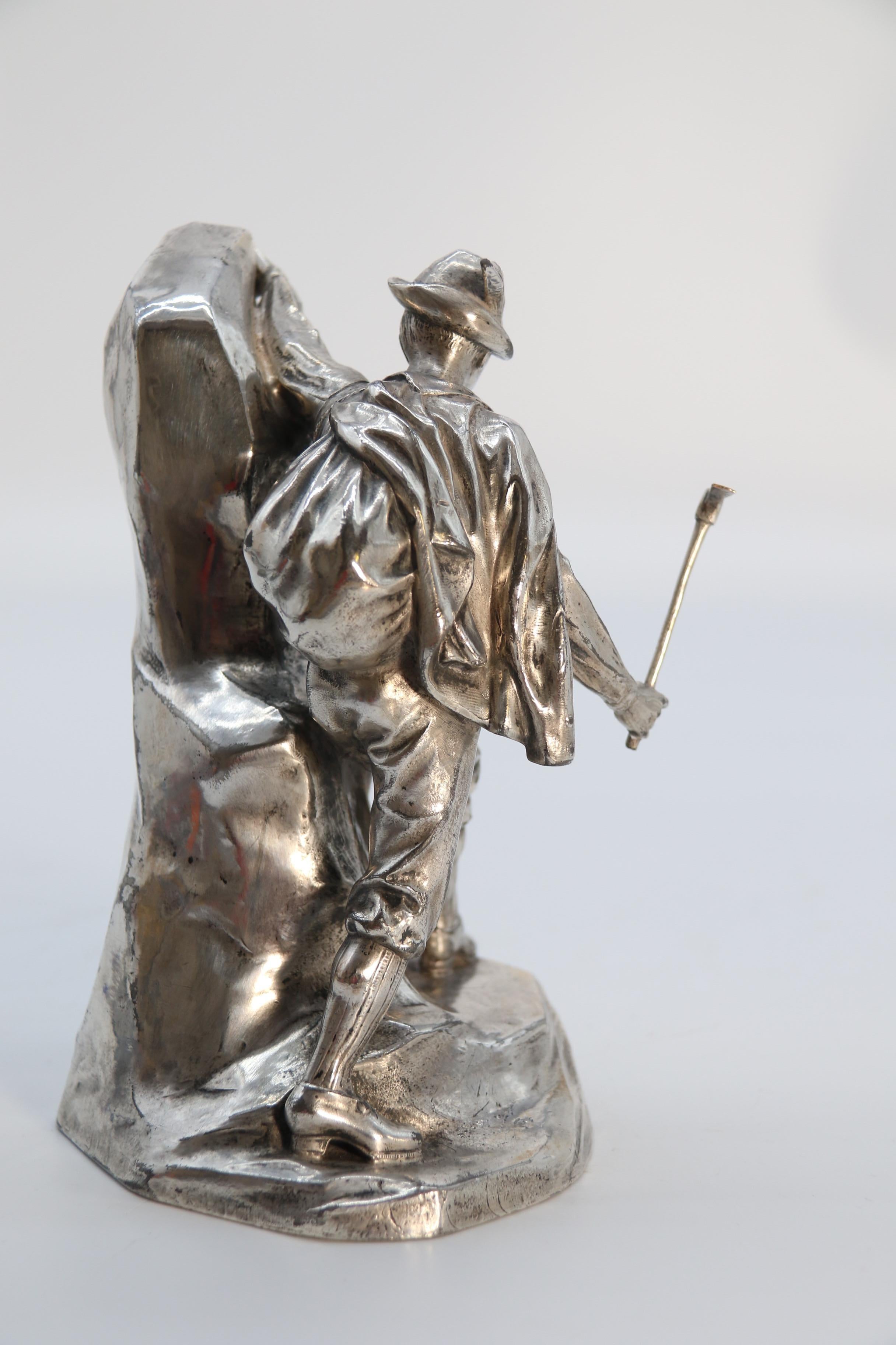 Antique German cast metal and silver plated sculpture of a mountaineer C 1910 2