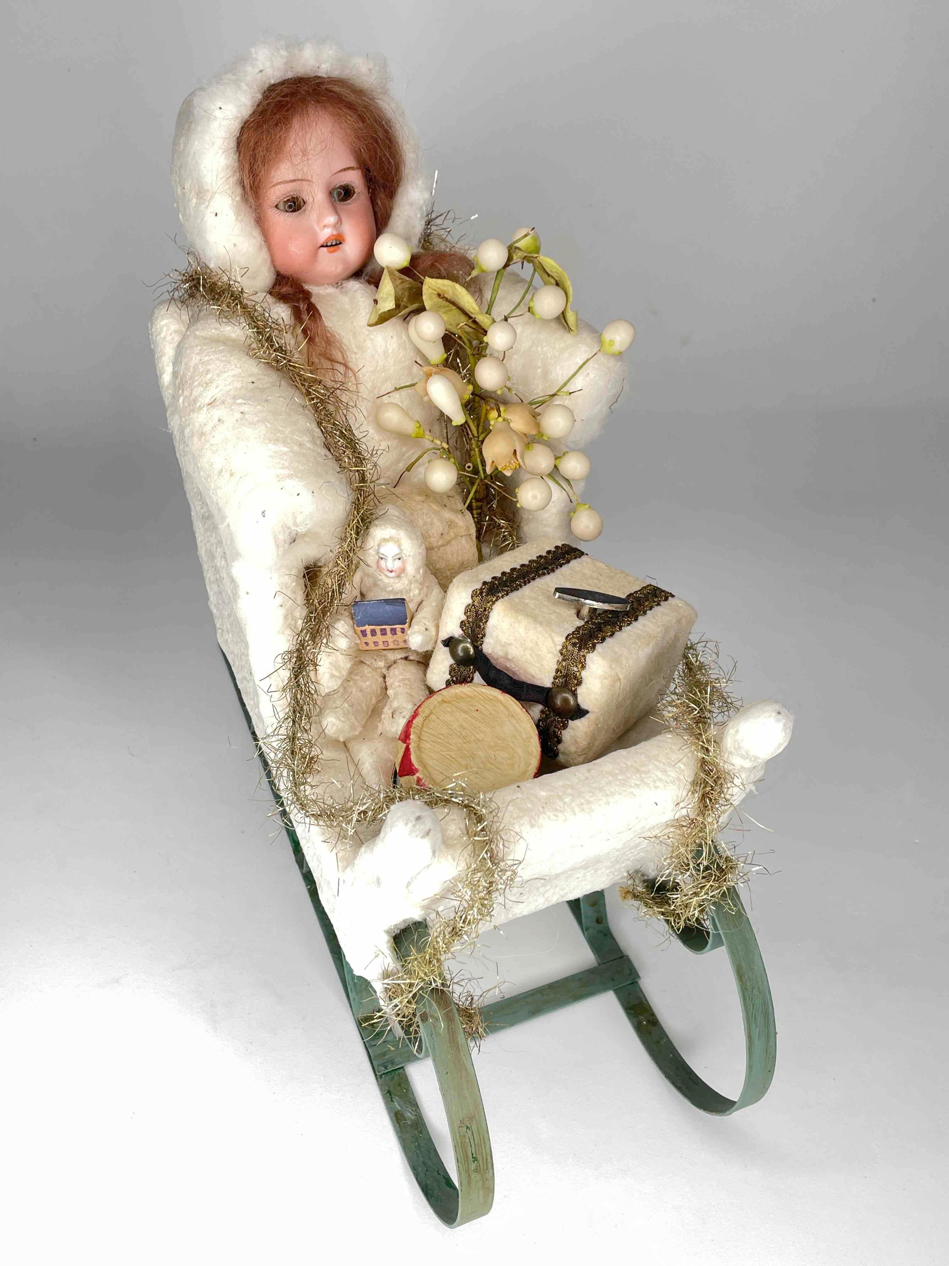 Antique German Christmas Scene Doll in Sled, with Music Box, 1900s For Sale 6