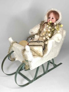 Antique German Christmas Scene Doll in Sled, with Music Box, 1900s