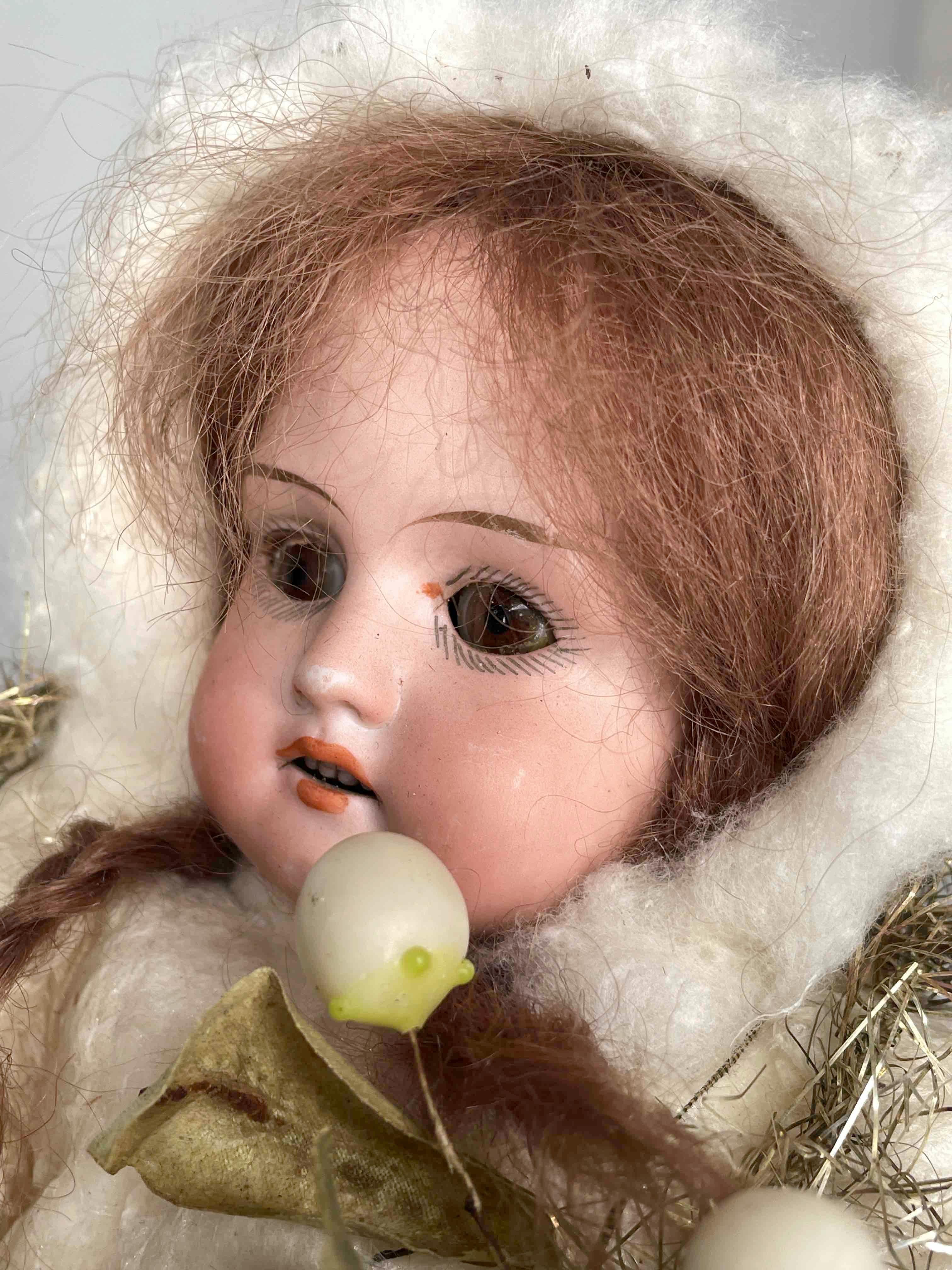 Metal Antique German Christmas Scene Doll in Sled, with Music Box, 1900s For Sale