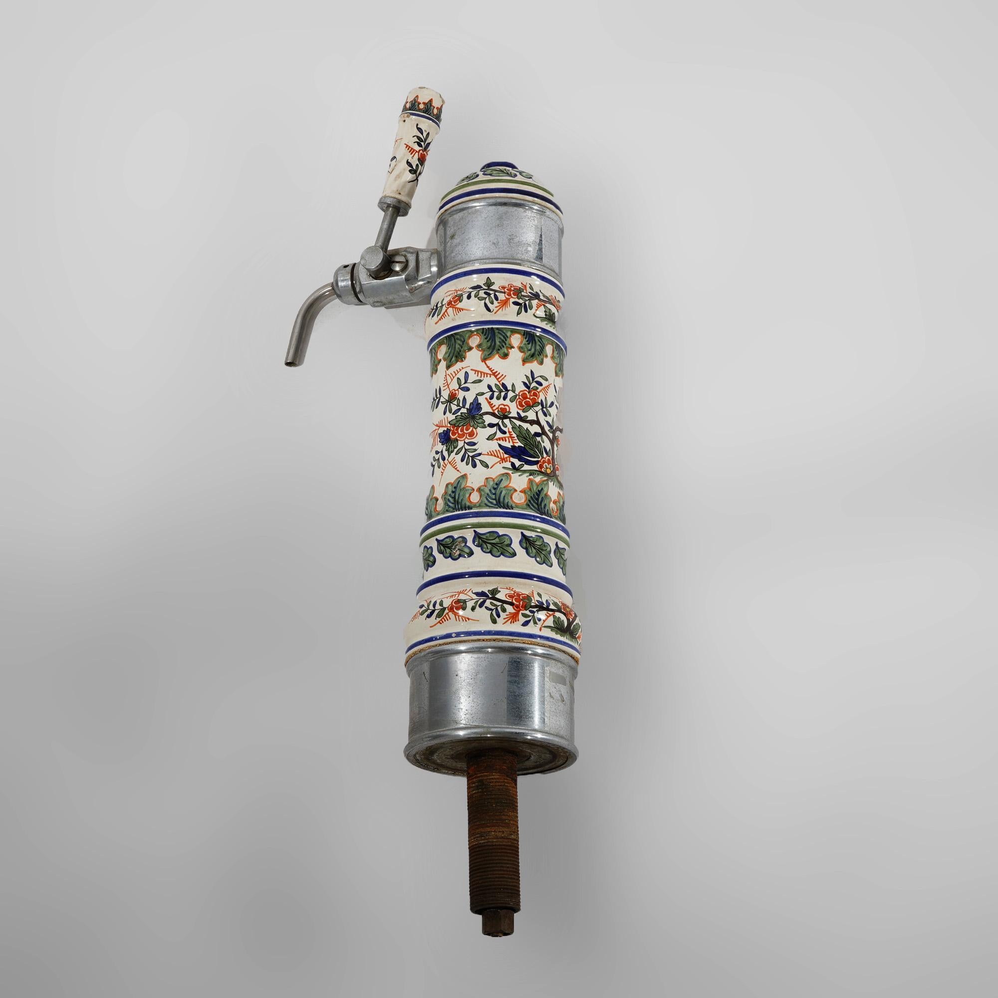 Antique German Chrome & Polychromed Foliate & Floral Hand Painted Pottery Beer Keg Tap C1920

Measures- 24''H x 8.5''W x 4.75''D