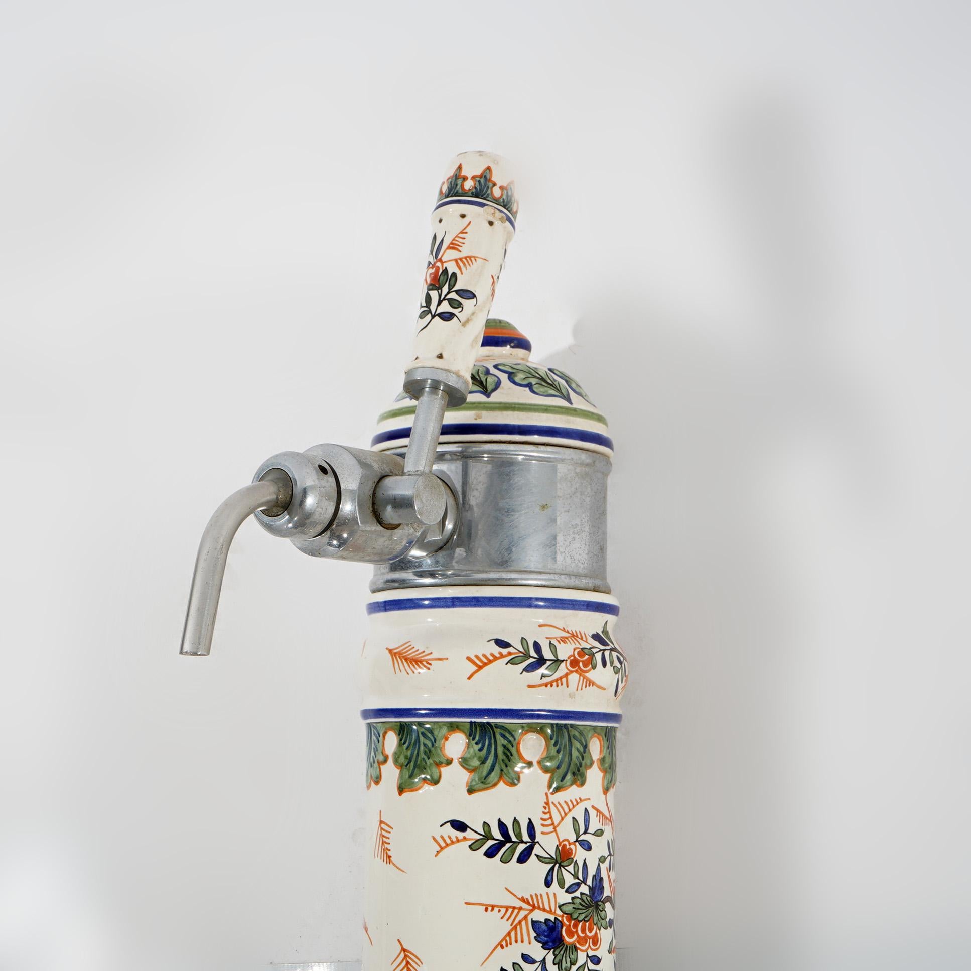 Antique German Chrome & Polychromed Foliate & Floral Pottery Beer Keg Tap C1920 In Good Condition For Sale In Big Flats, NY