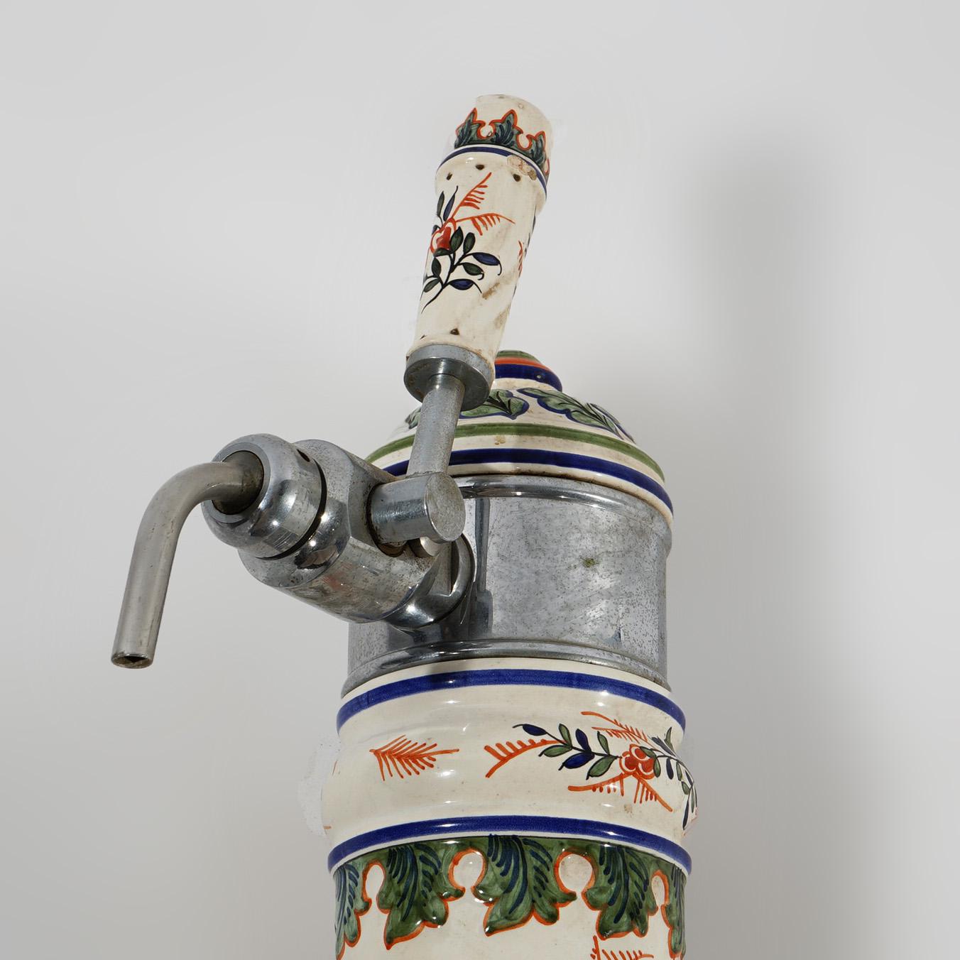 Antique German Chrome & Polychromed Foliate & Floral Pottery Beer Keg Tap C1920 In Good Condition In Big Flats, NY
