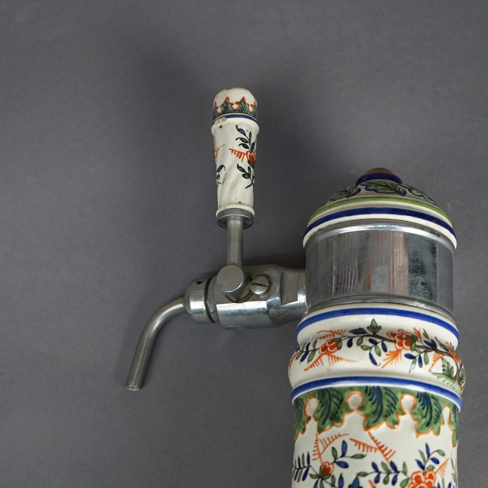 20th Century Antique German Chrome & Polychromed Foliate & Floral Pottery Beer Keg Tap C1920