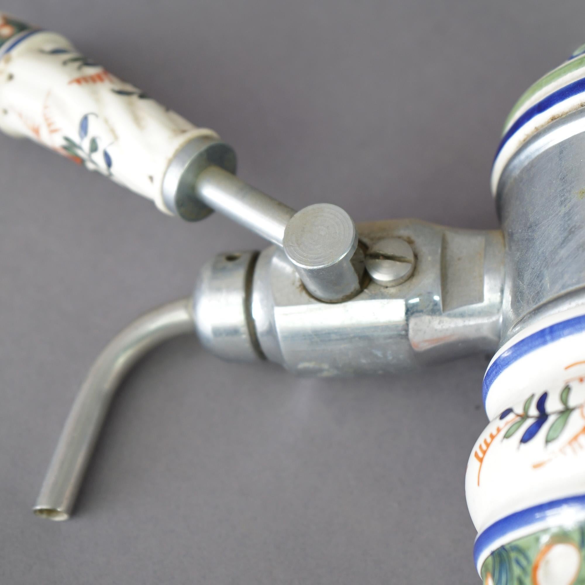 Antique German Chrome & Polychromed Foliate & Floral Pottery Beer Keg Tap C1920 For Sale 2