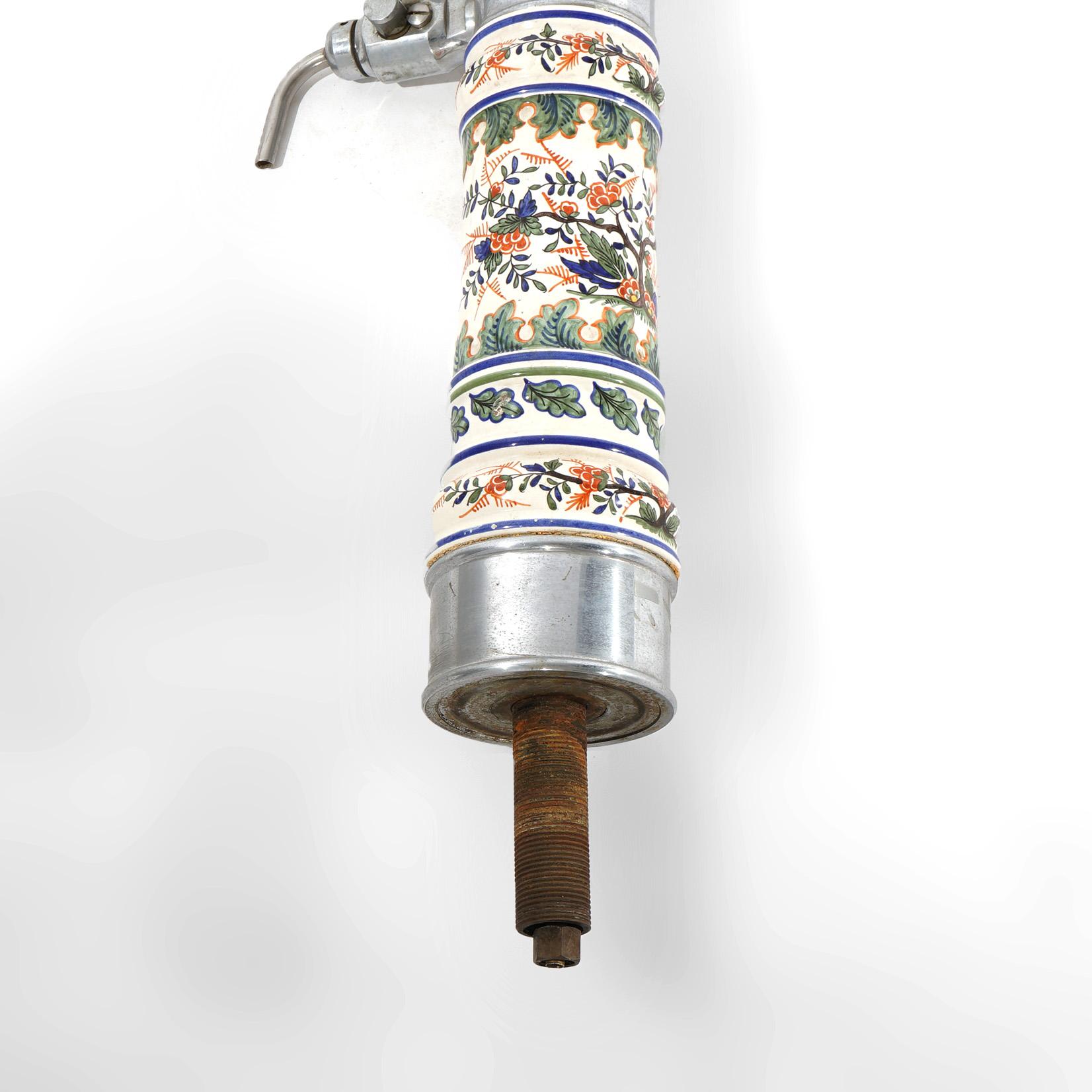 Antique German Chrome & Polychromed Foliate & Floral Pottery Beer Keg Tap C1920 3