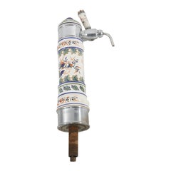 Antique German Chrome & Polychromed Foliate & Floral Pottery Beer Keg Tap C1920