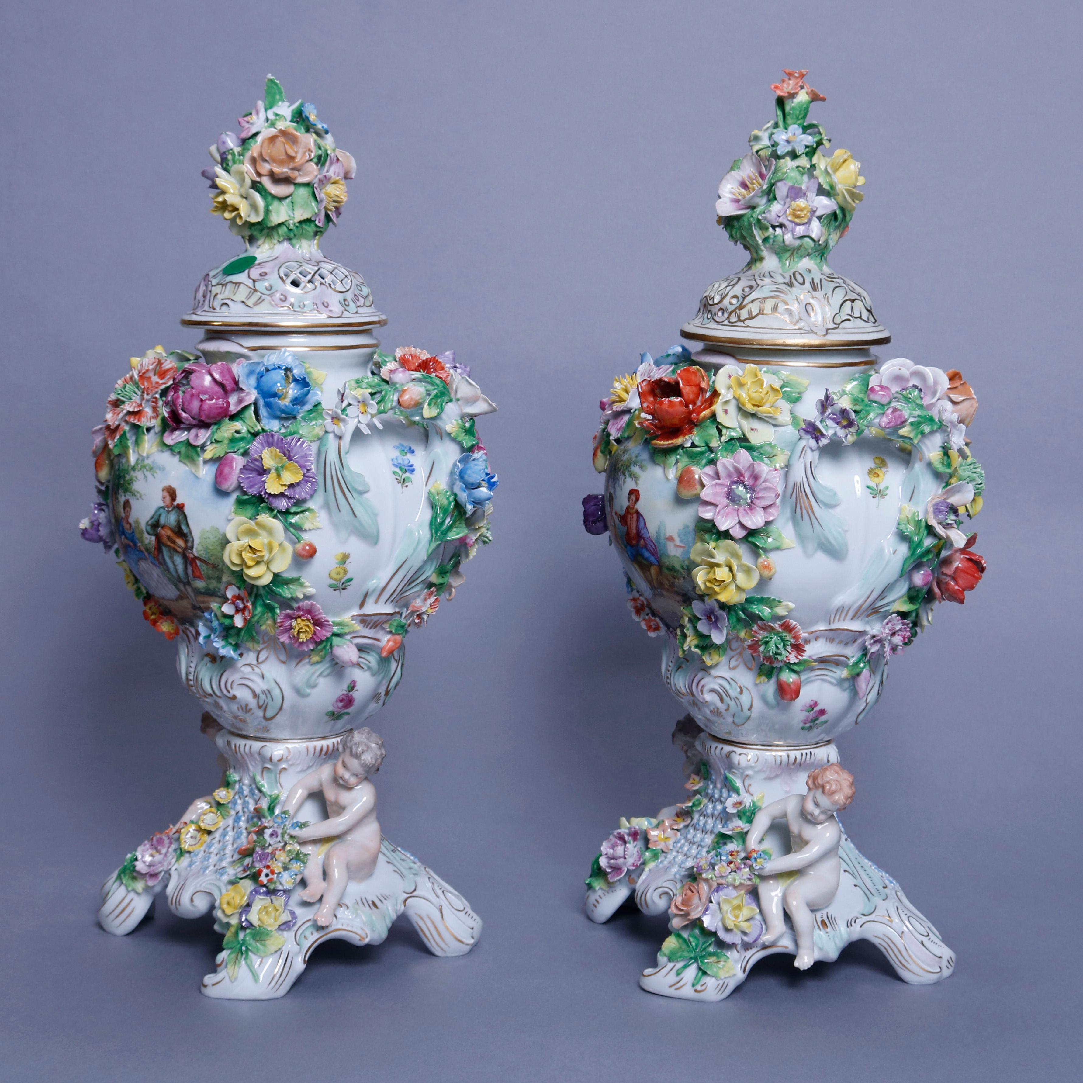 Antique German Classical Dresden Figural Cherub & Floral Porcelain Urns 13
