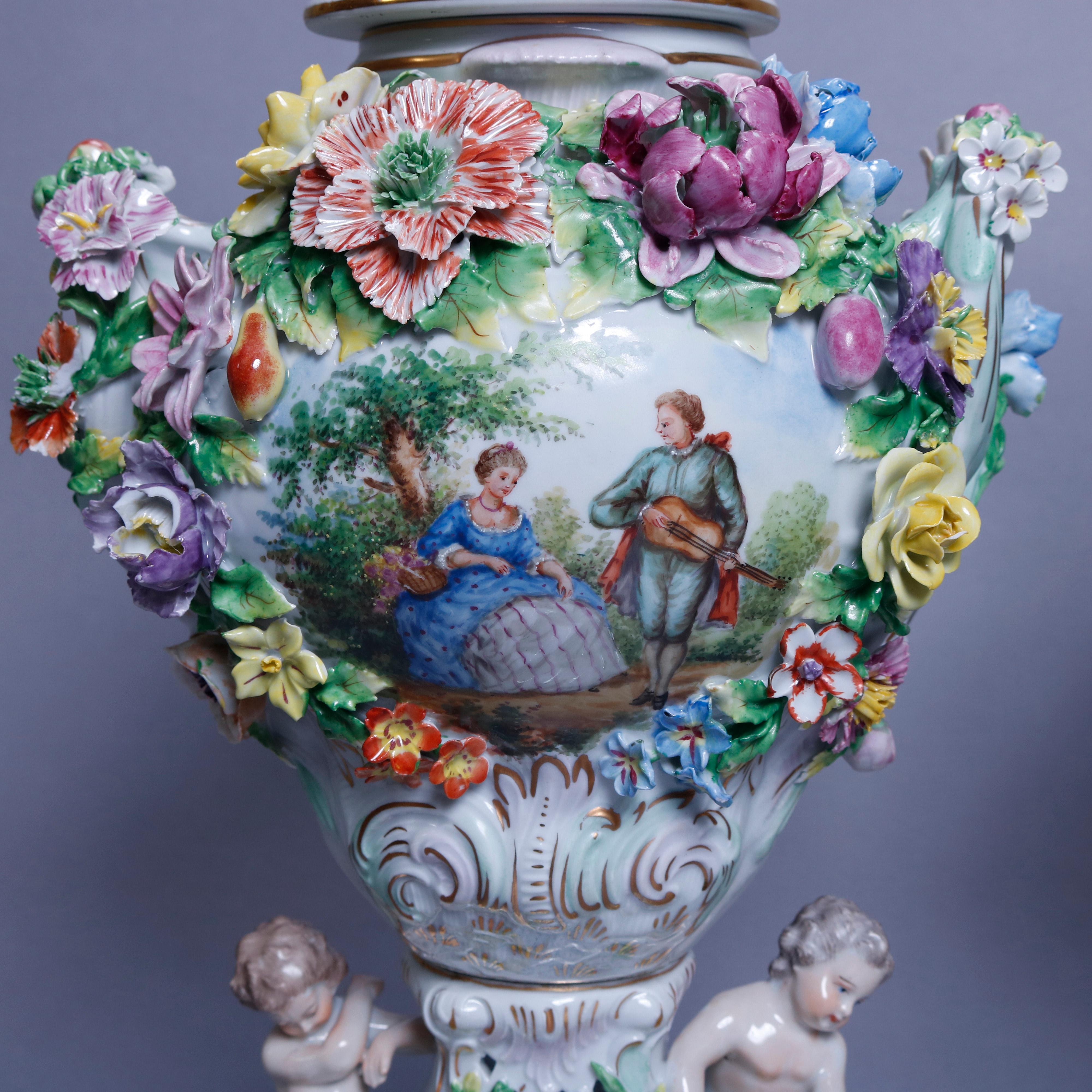 Classical Greek Antique German Classical Dresden Figural Cherub & Floral Porcelain Urns