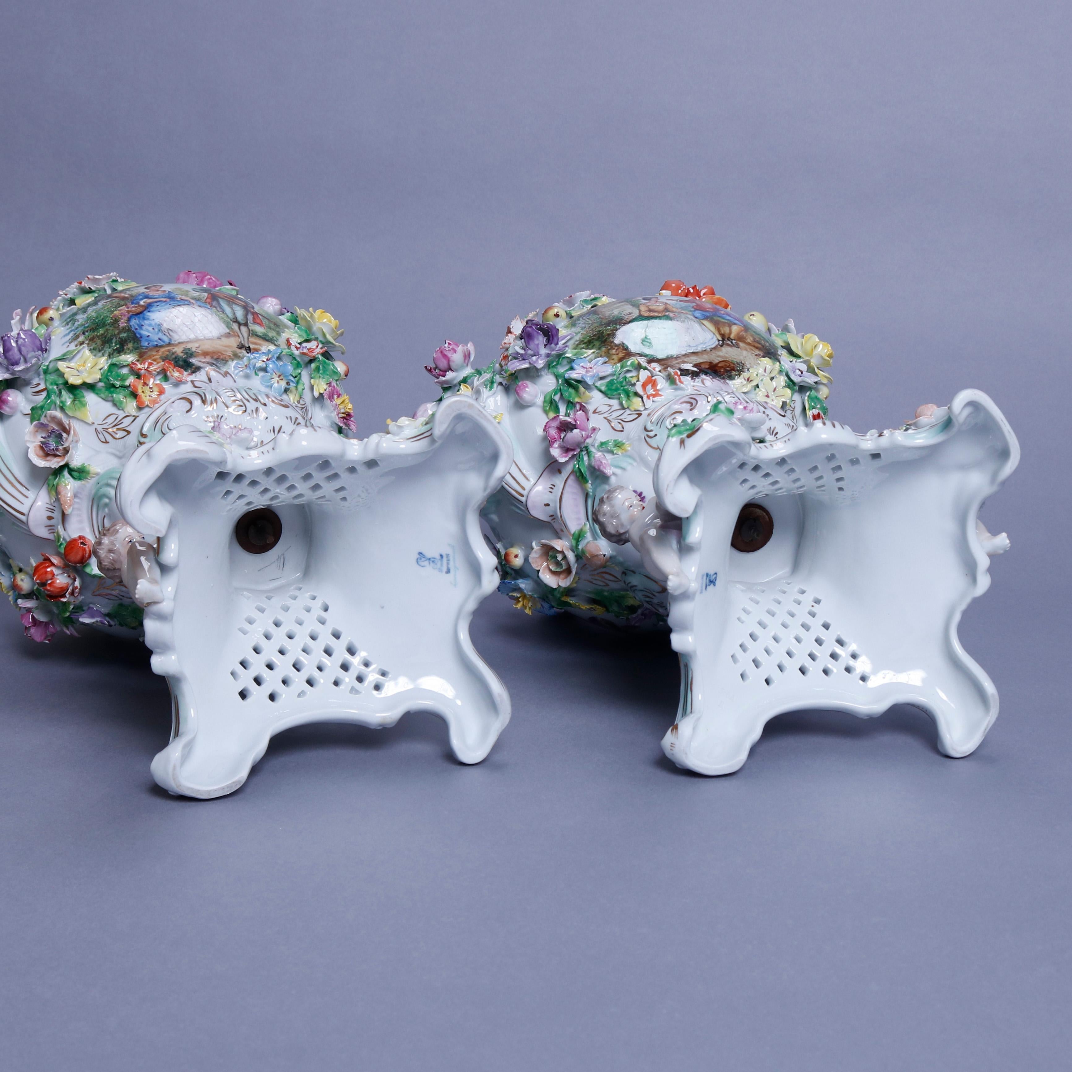 Antique German Classical Dresden Figural Cherub & Floral Porcelain Urns 2