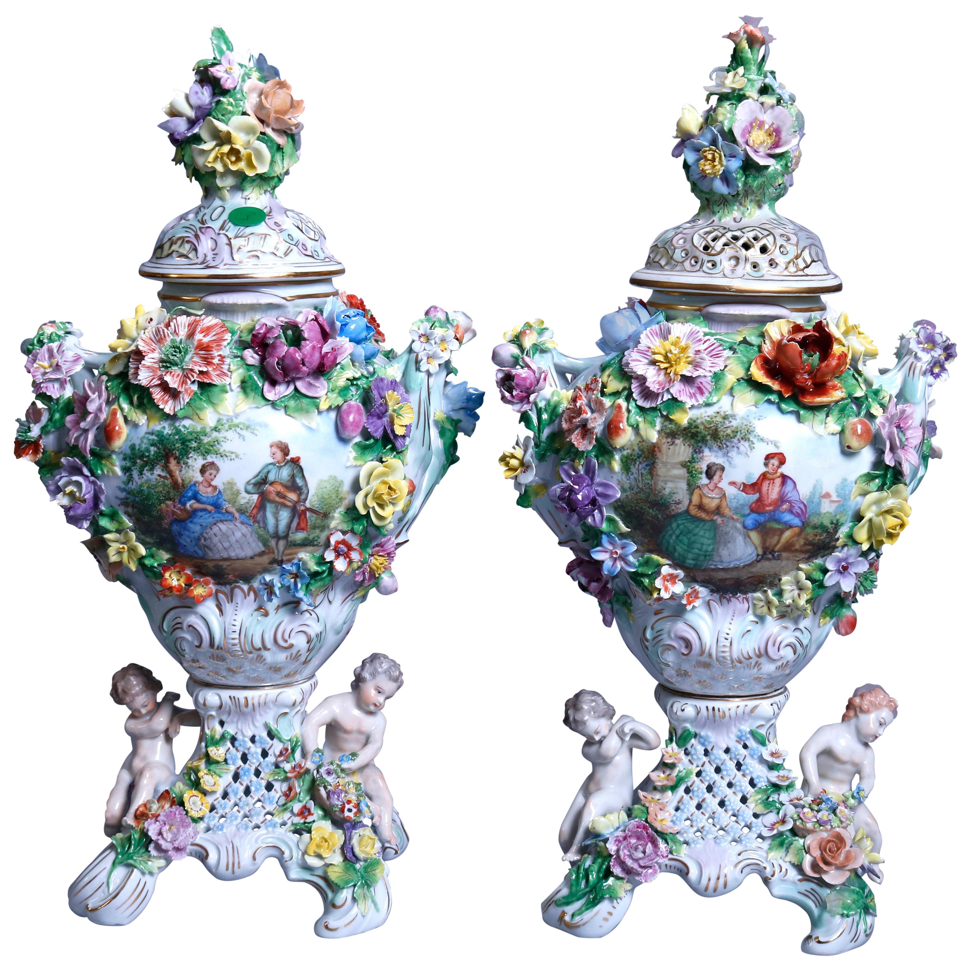 Antique German Classical Dresden Figural Cherub & Floral Porcelain Urns