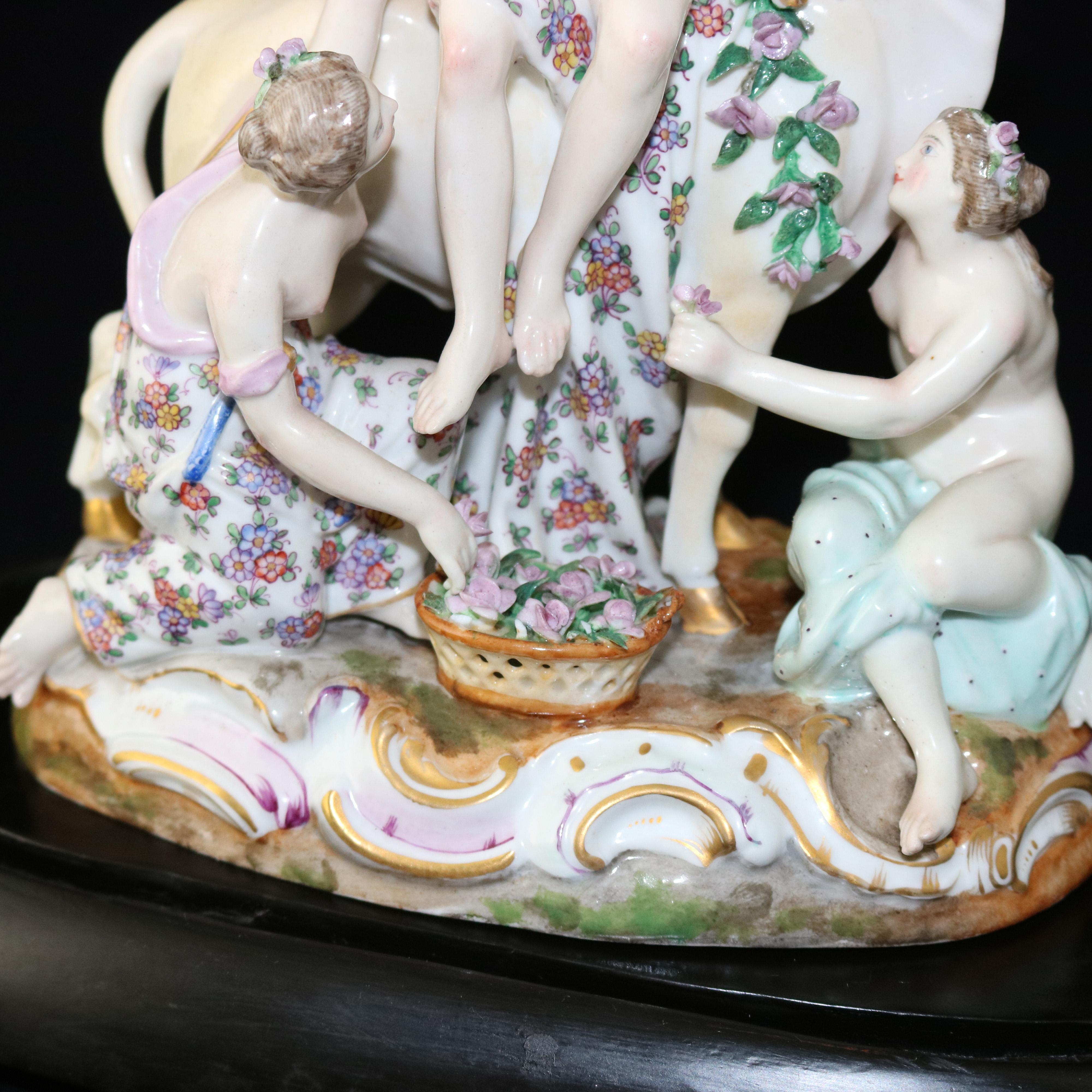 Gilt Antique German Classical Meissen School Porcelain Europa, Bull & Muses Grouping