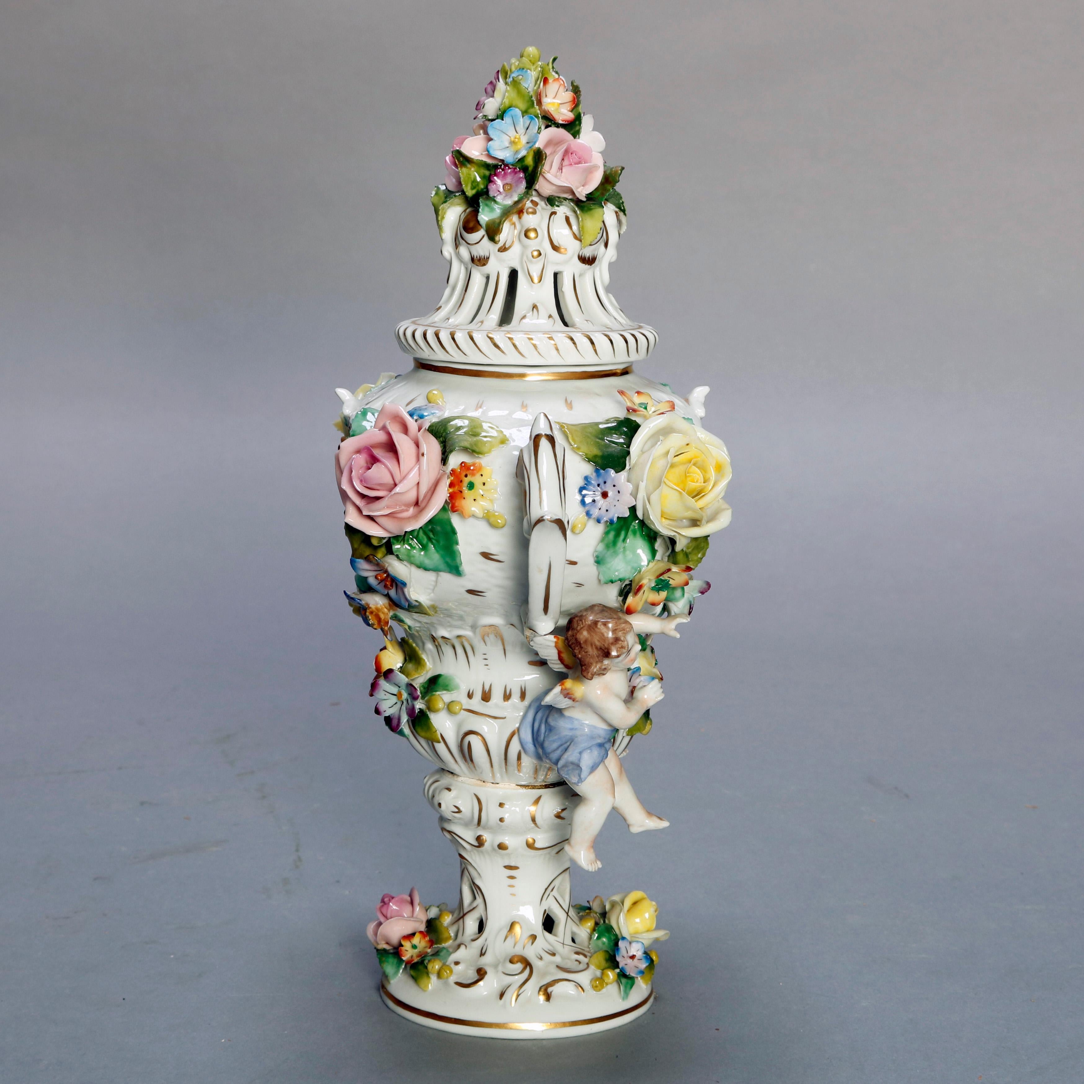 Antique German Classical Sitzendorf Dresden Cherub & Floral Porcelain Urns 5