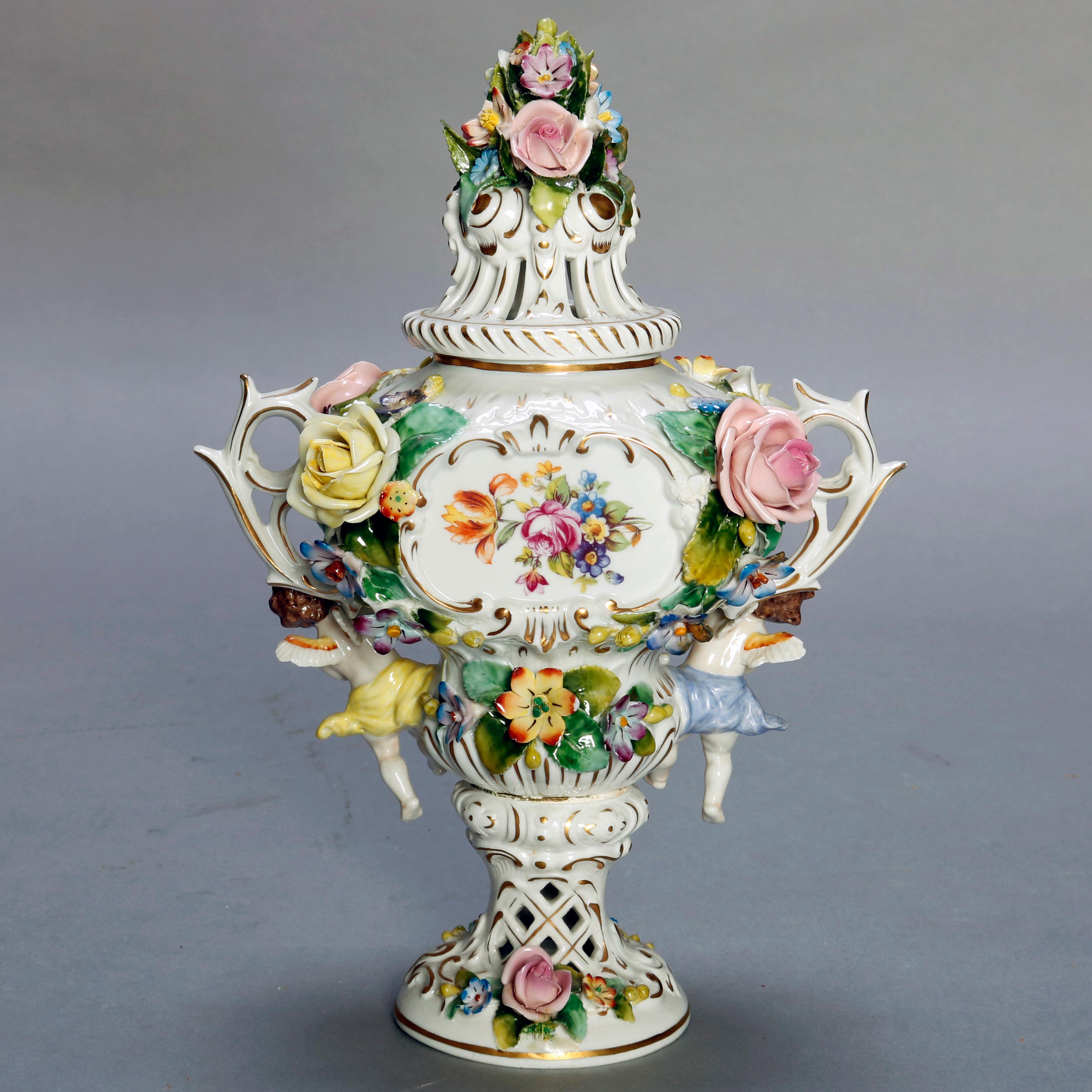 Classical Greek Antique German Classical Sitzendorf Dresden Cherub & Floral Porcelain Urns