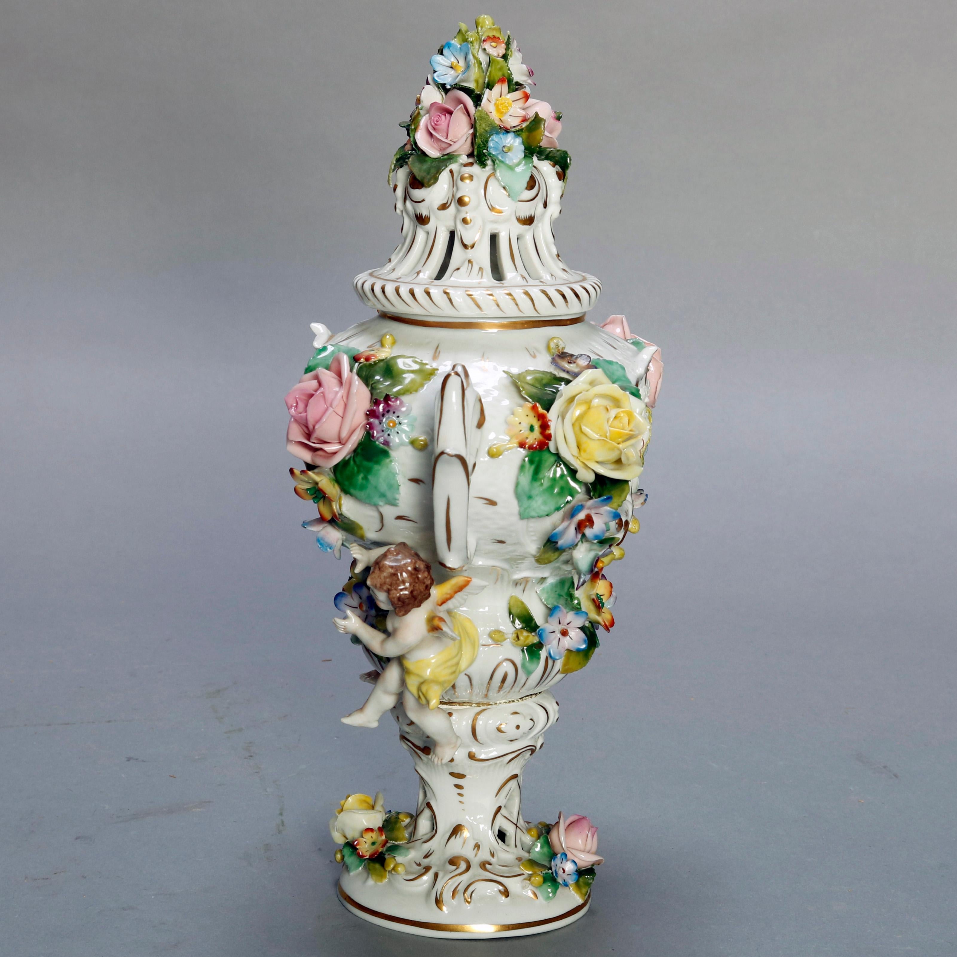 Glazed Antique German Classical Sitzendorf Dresden Cherub & Floral Porcelain Urns