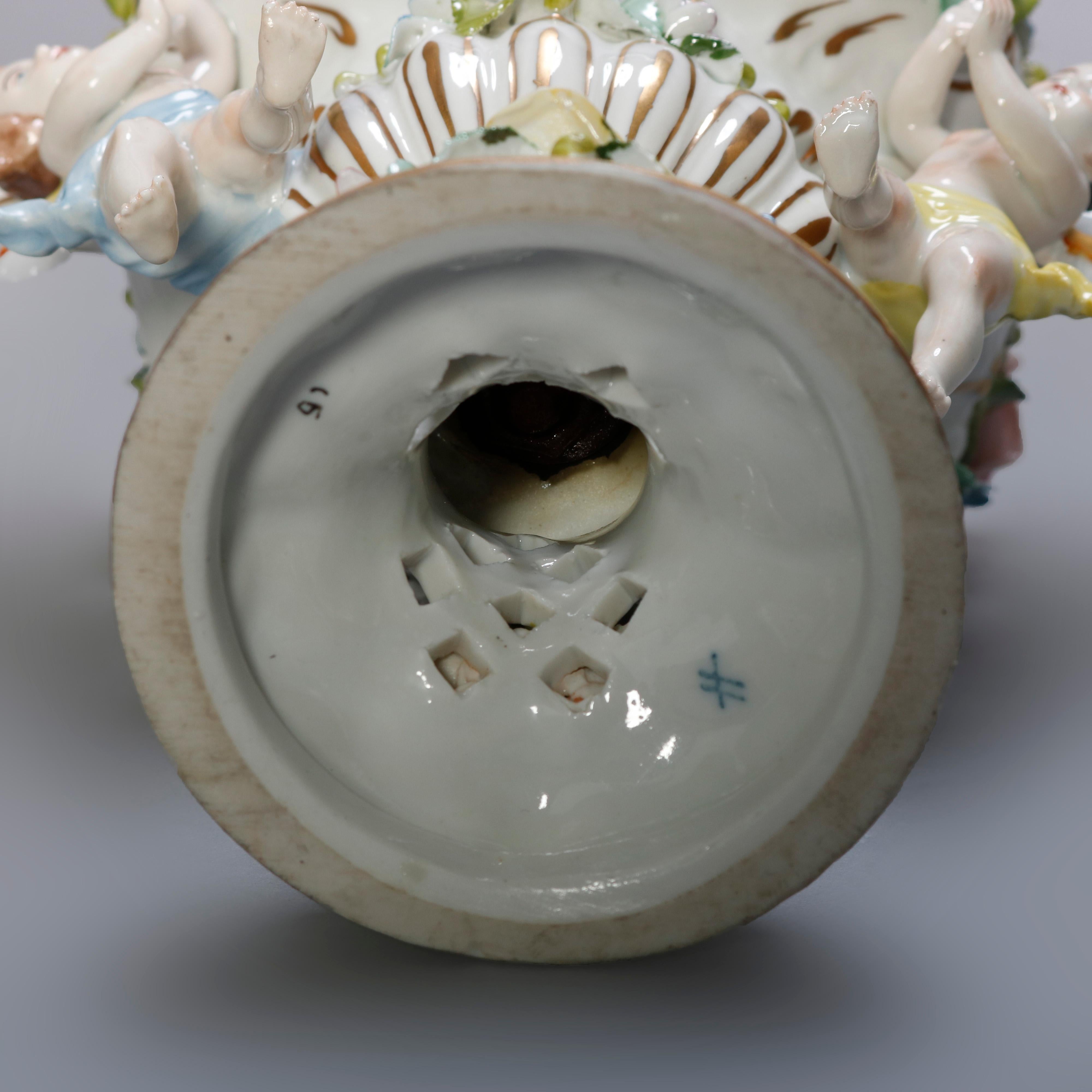 Antique German Classical Sitzendorf Dresden Cherub & Floral Porcelain Urns 1