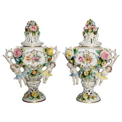 Antique German Classical Sitzendorf Dresden Cherub & Floral Porcelain Urns