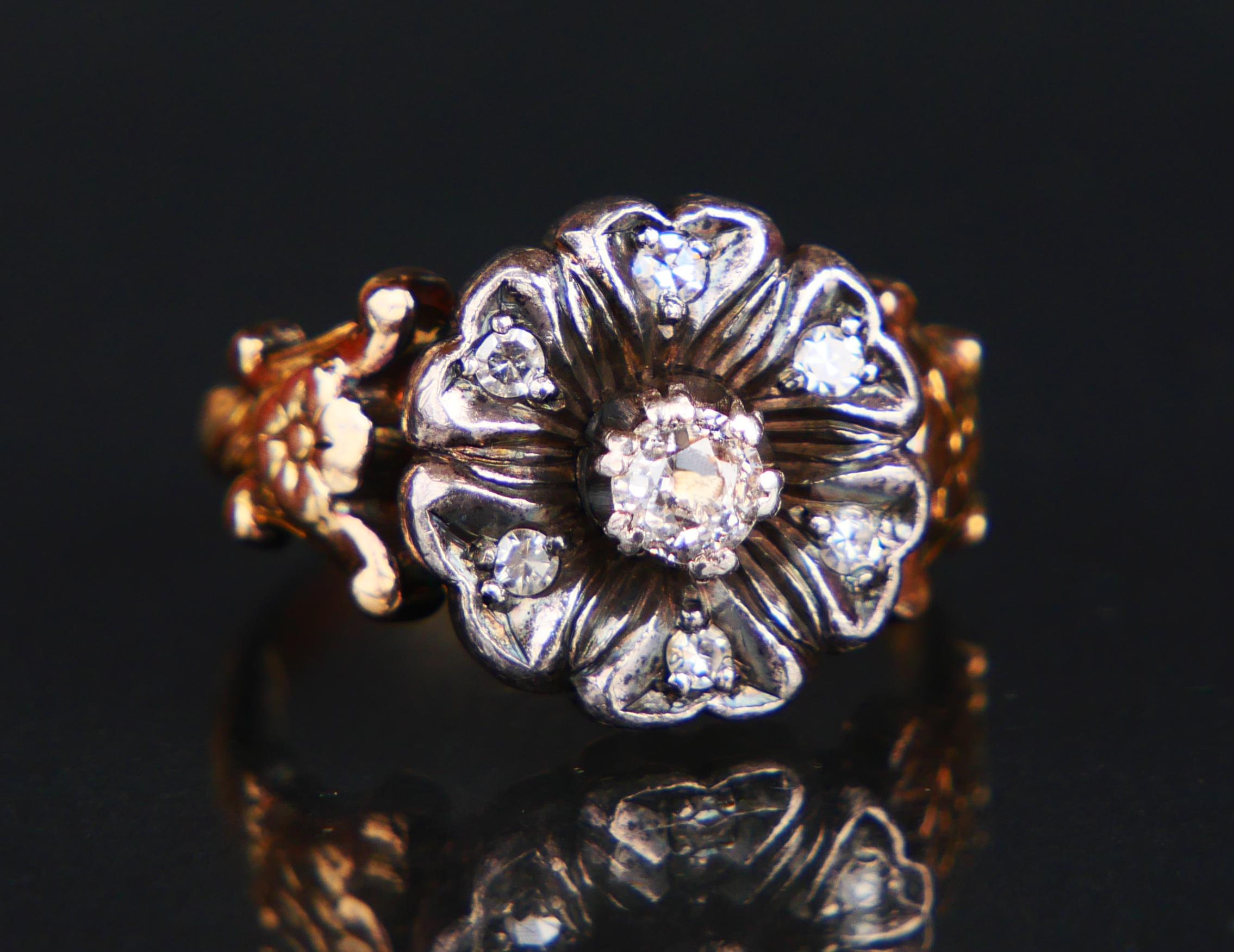Bague Allemande Antique Cluster Ring Diamonds 14K Yellow Gold Silver Ø US7.5/ 6 gr en vente 5