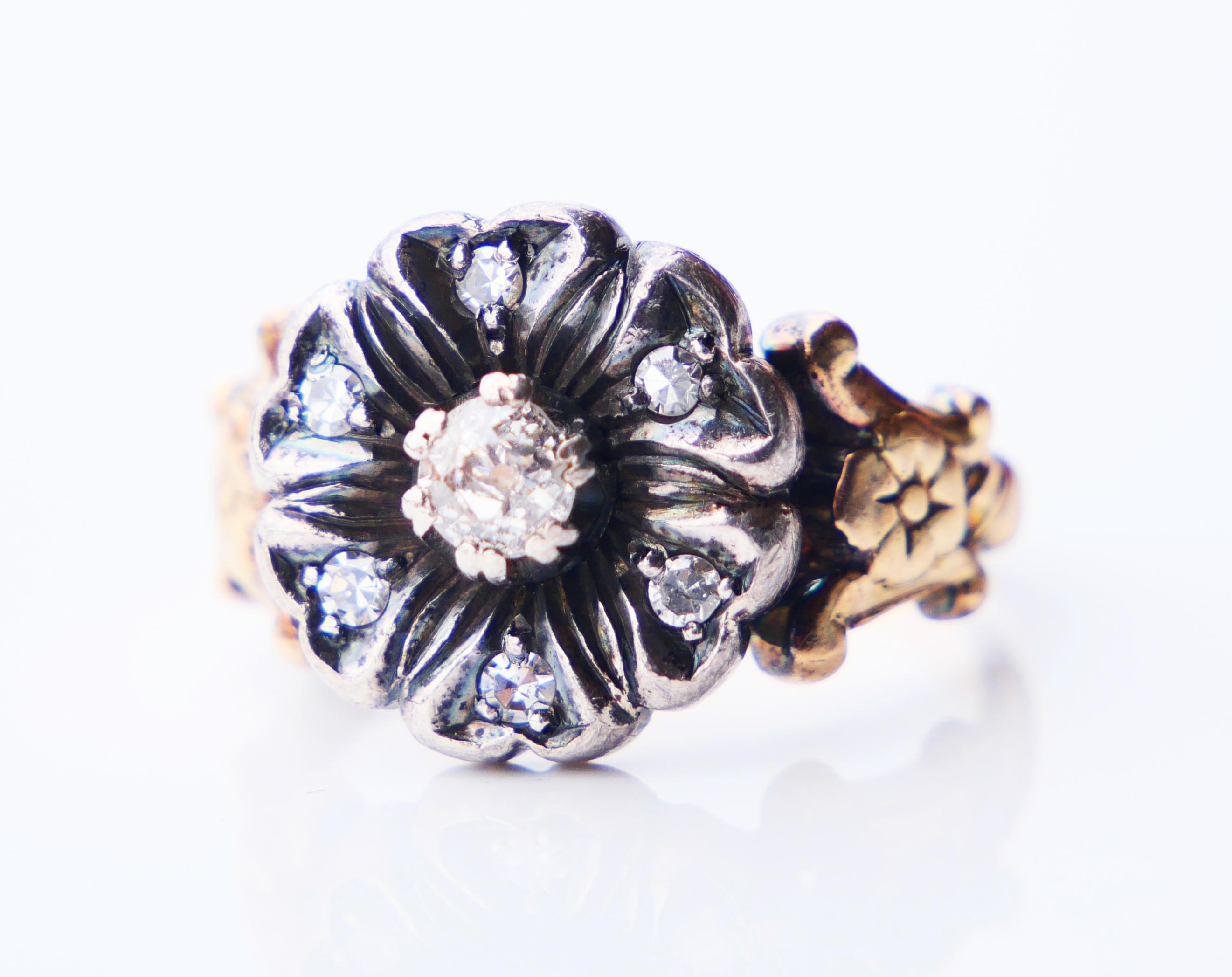 Art Deco Antique German Cluster Ring Diamonds 14K Yellow Gold Silver Ø US7.5/ 6 gr For Sale