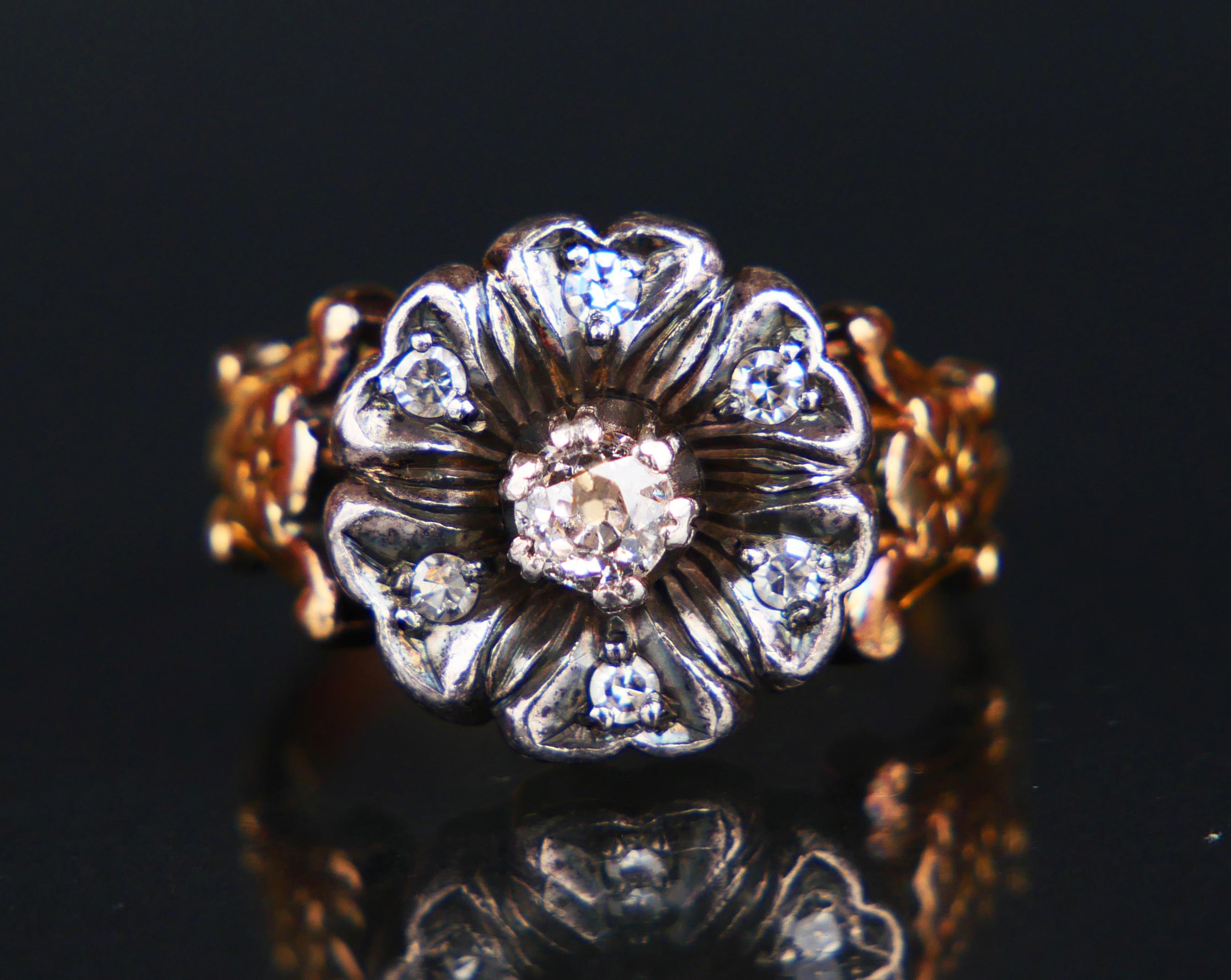 Bague Allemande Antique Cluster Ring Diamonds 14K Yellow Gold Silver Ø US7.5/ 6 gr en vente 3