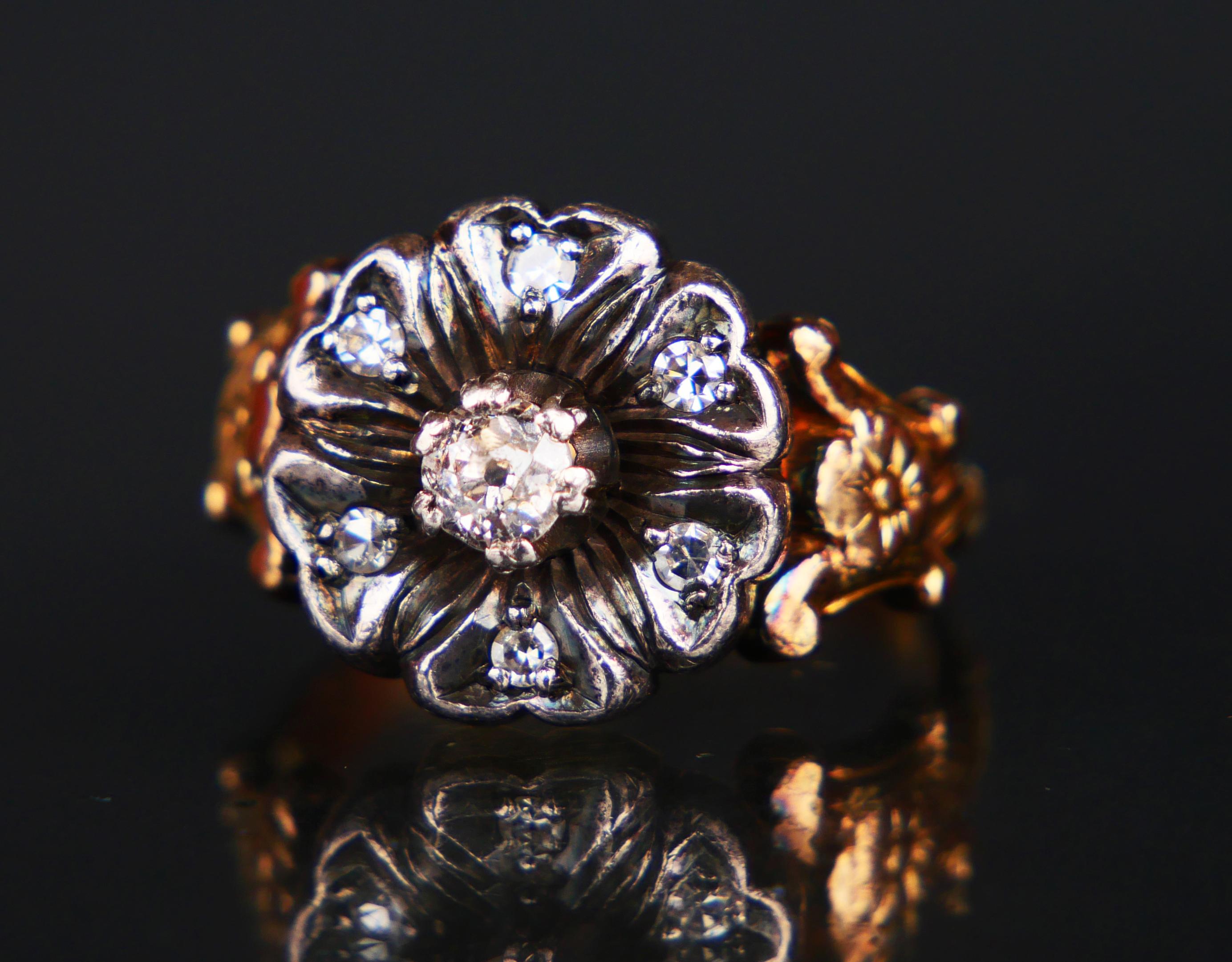 Bague Allemande Antique Cluster Ring Diamonds 14K Yellow Gold Silver Ø US7.5/ 6 gr en vente 4