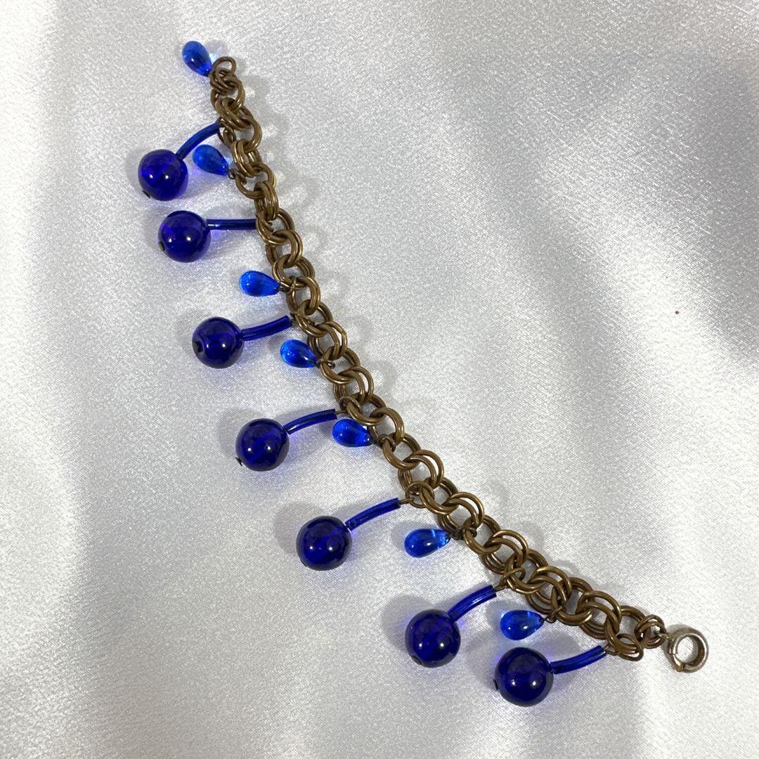 Art Deco Antique German Cobalt Blue Glass Charm Bracelet For Sale