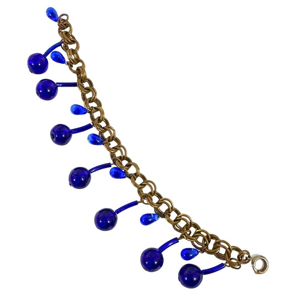 Antique German Cobalt Blue Glass Charm Bracelet For Sale