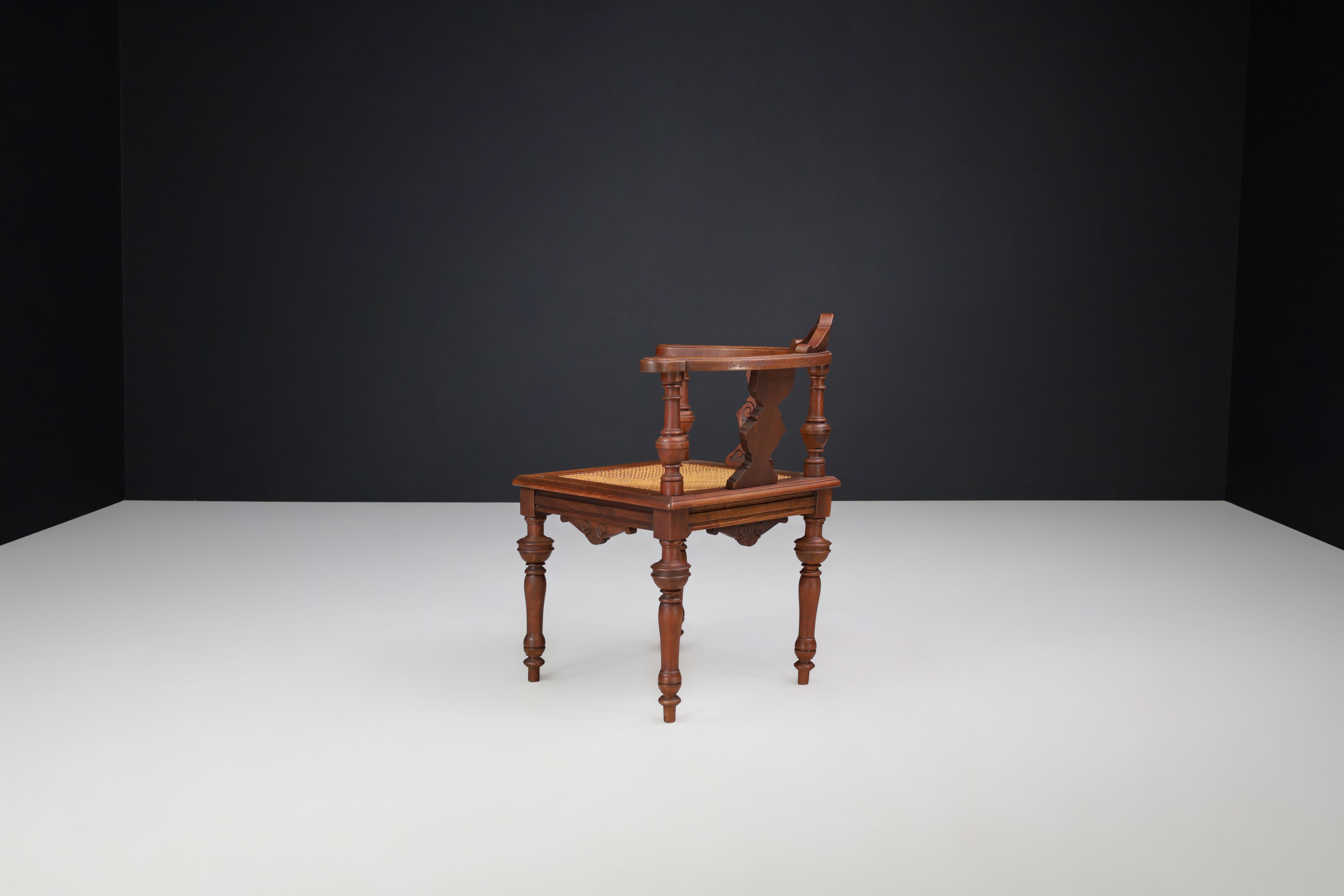 Antique German Corner Chair, Circa 1880 – Hand-Carved Walnut with Cane Seat For Sale 1