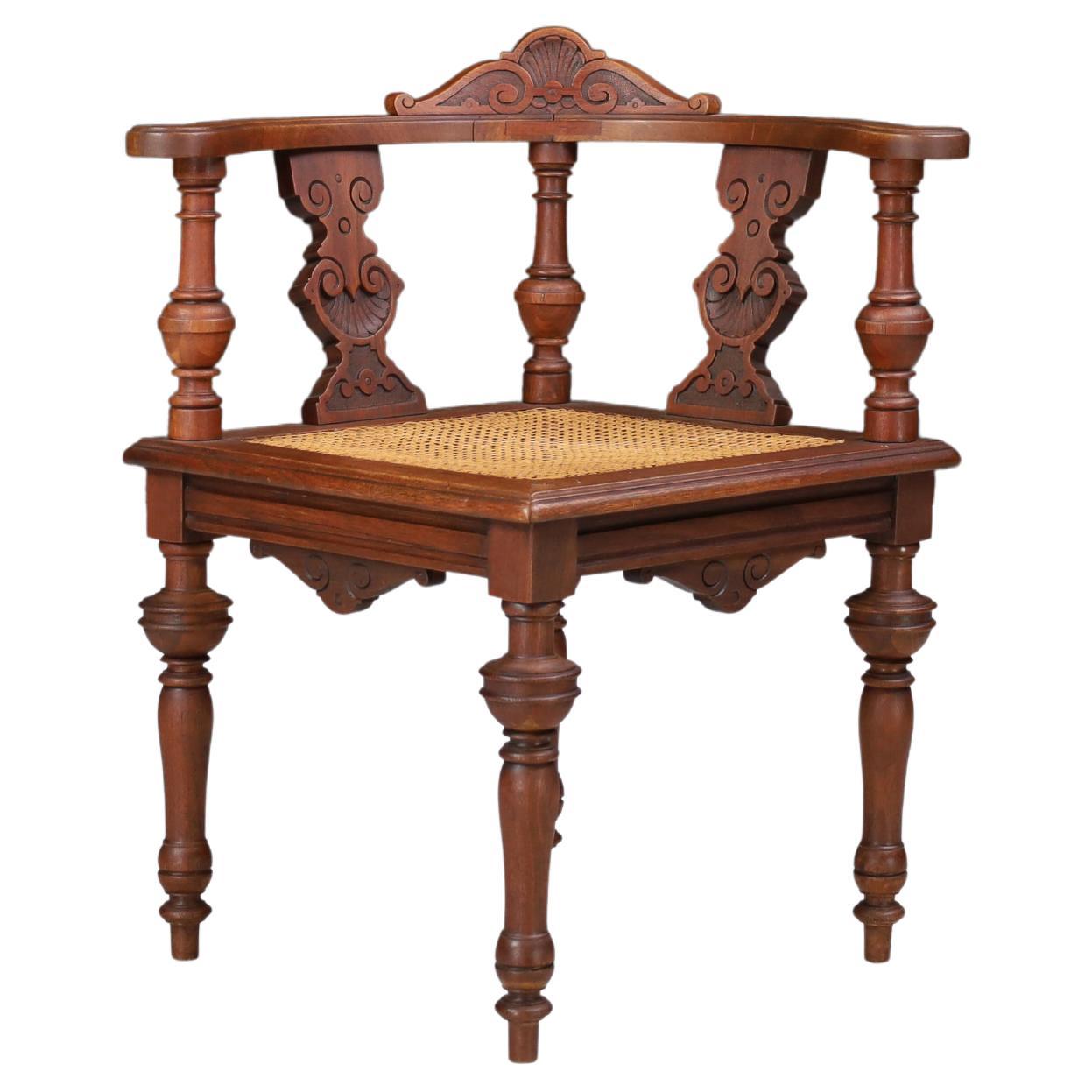 Antique German Corner Chair, Circa 1880 – Hand-Carved Walnut with Cane Seat