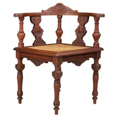 Antique German Corner Chair, Circa 1880 – Hand-Carved Walnut with Cane Seat