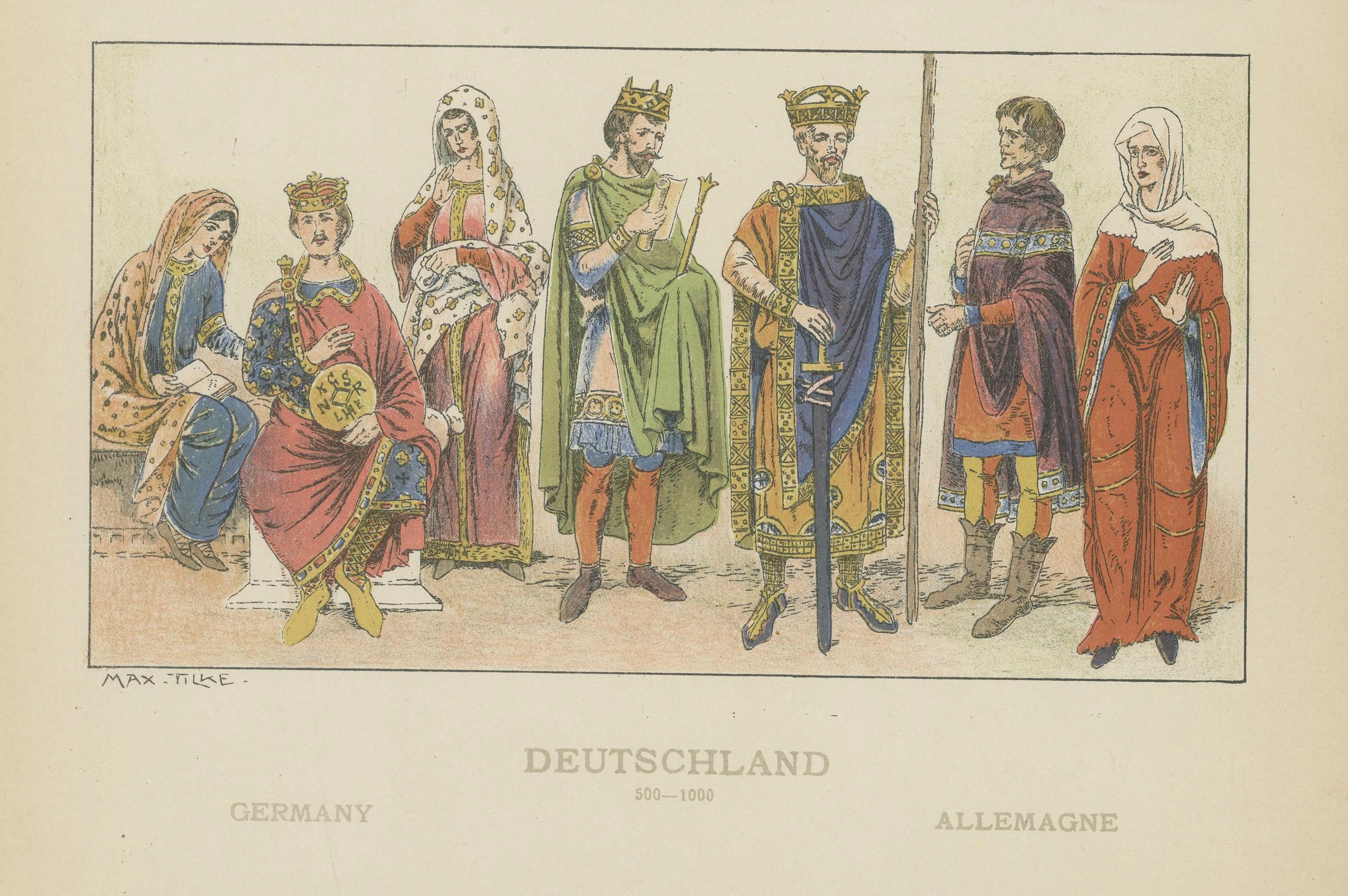 Antique German Costume Print 500–1000, Hand-Colored Historical Plate, ca.1880