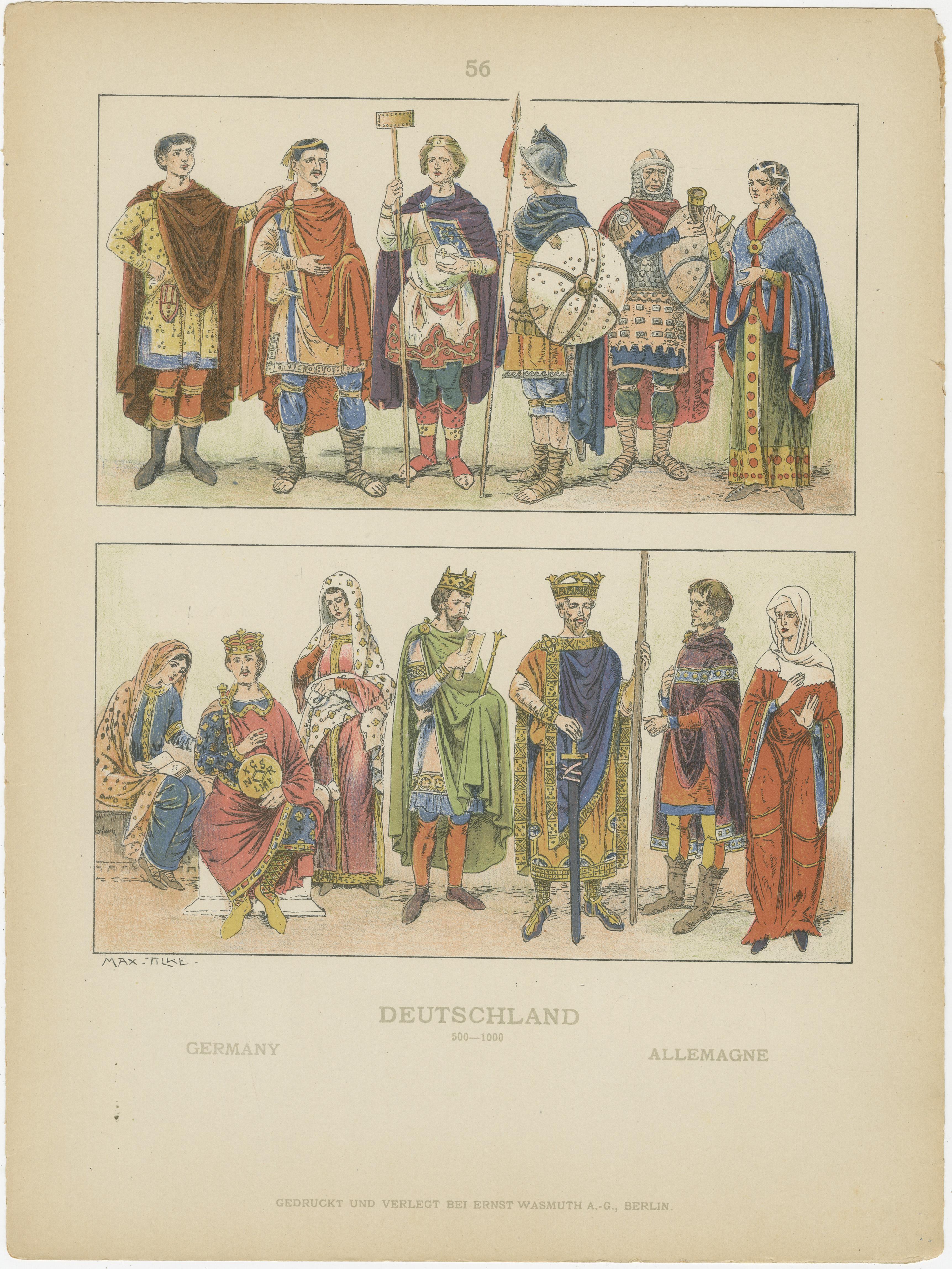 Antique German Costume Print 500–1000, Hand-Colored Historical Plate, ca.1880